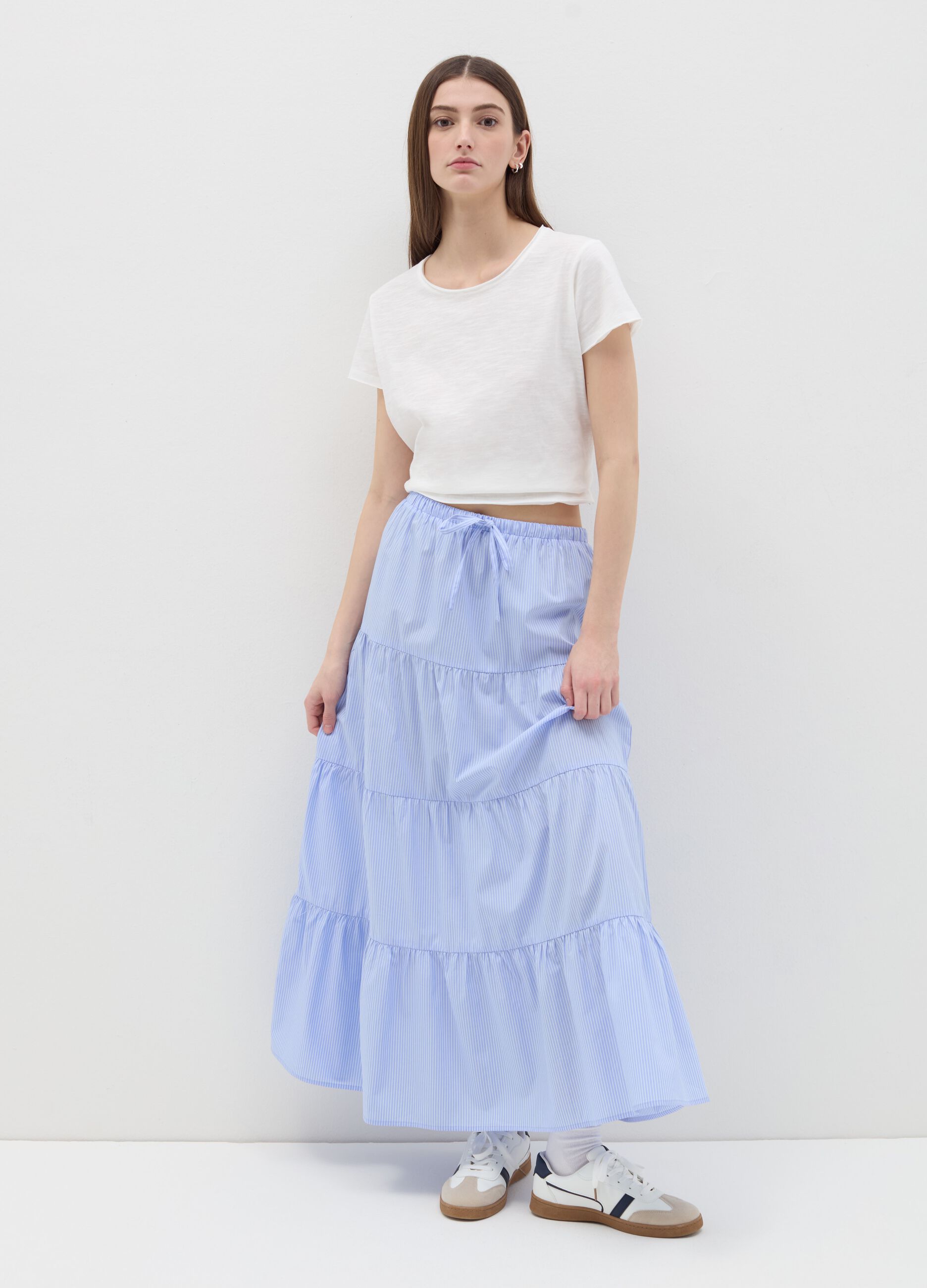 Long white and light blue skirt with striped flounce