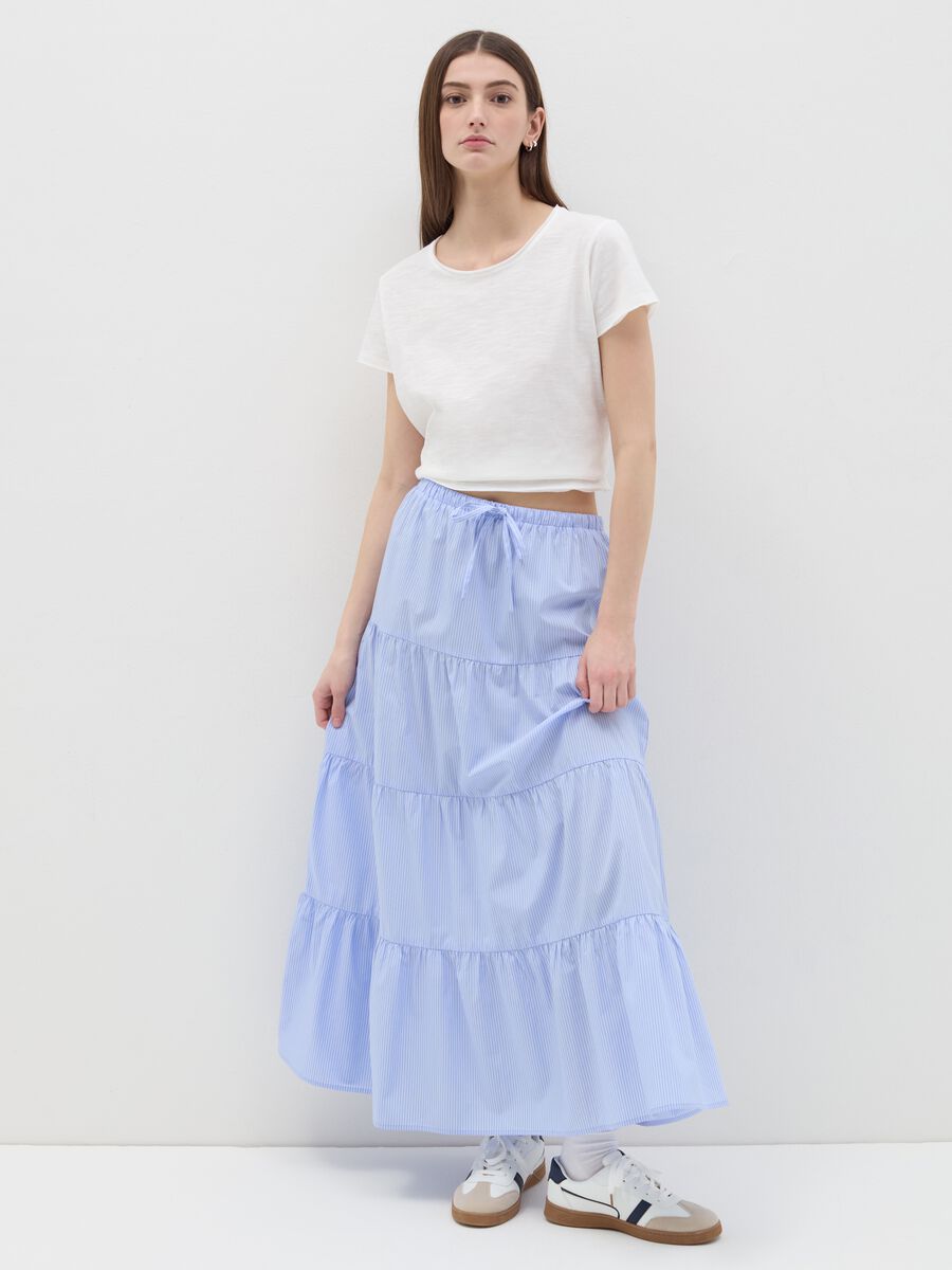 Long white and light blue skirt with striped flounce_0