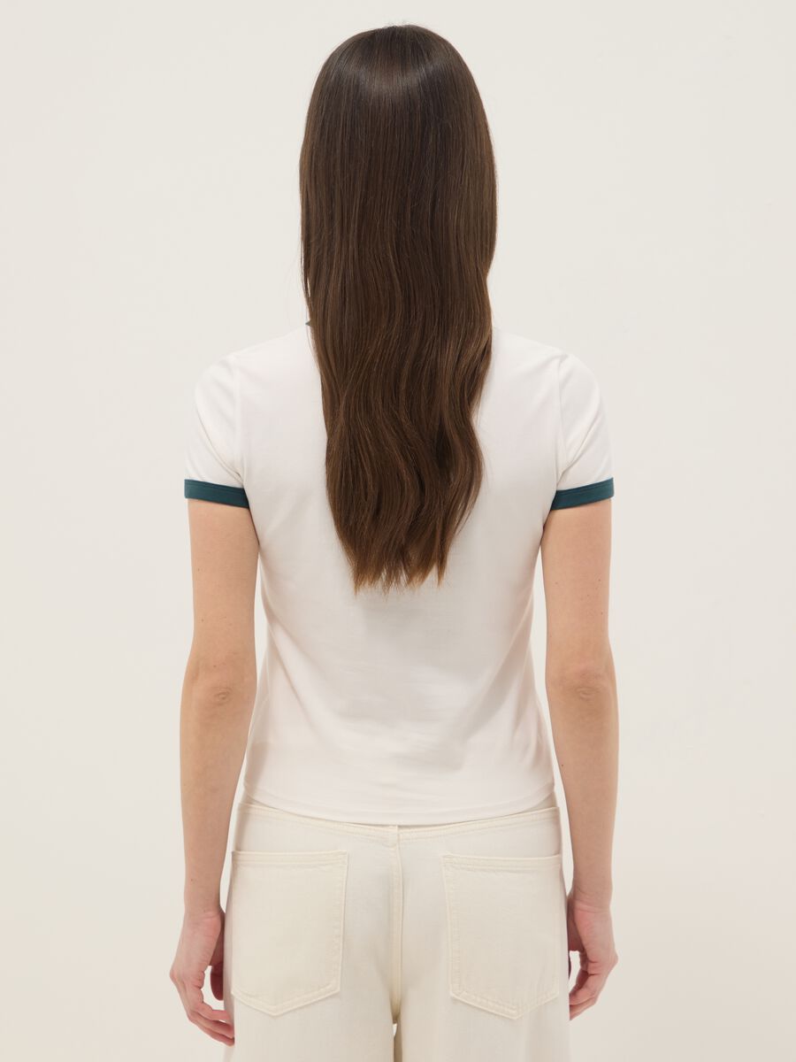 White regular fit stretch cotton T-shirt with green print_3