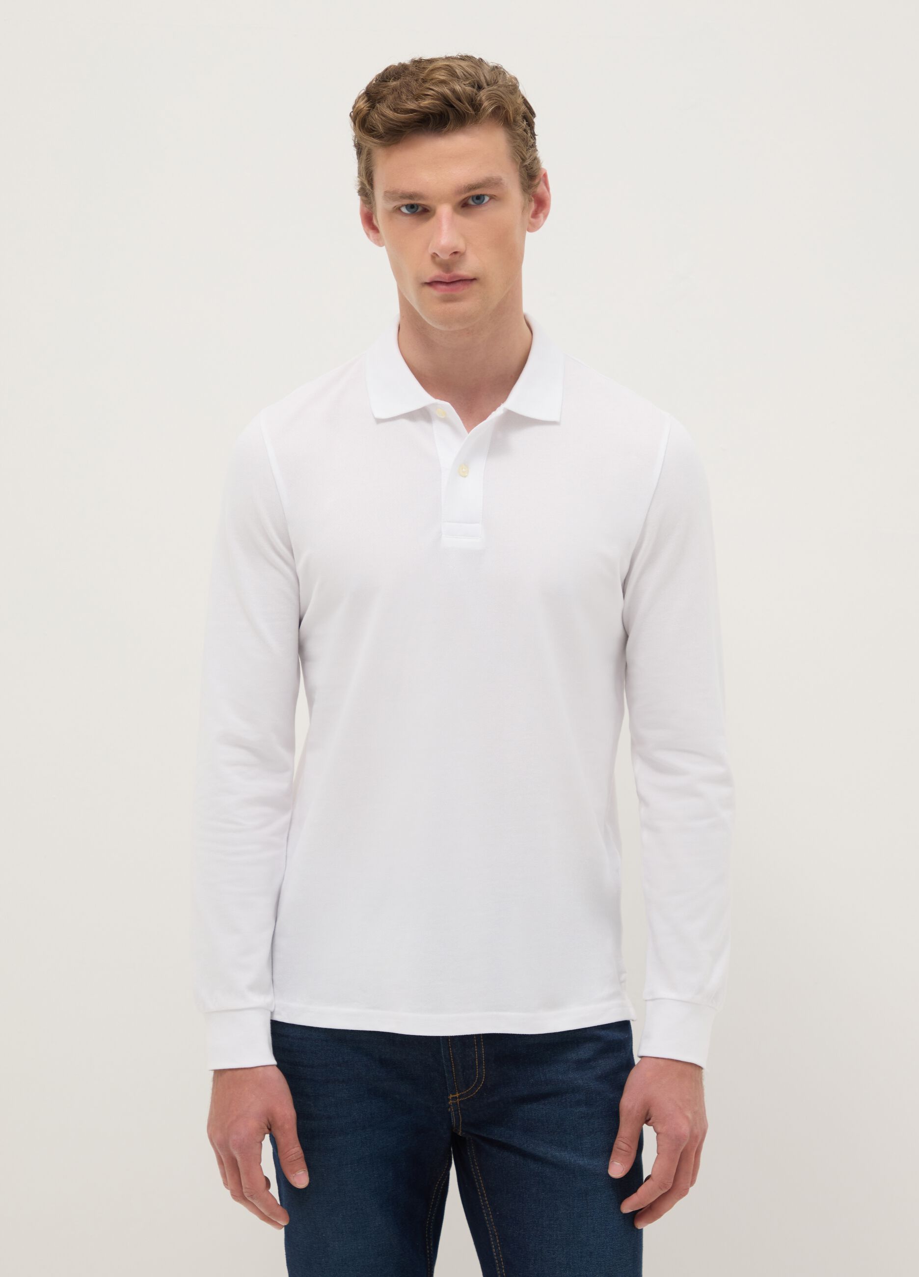 White long-sleeve cotton polo shirt, regular fit