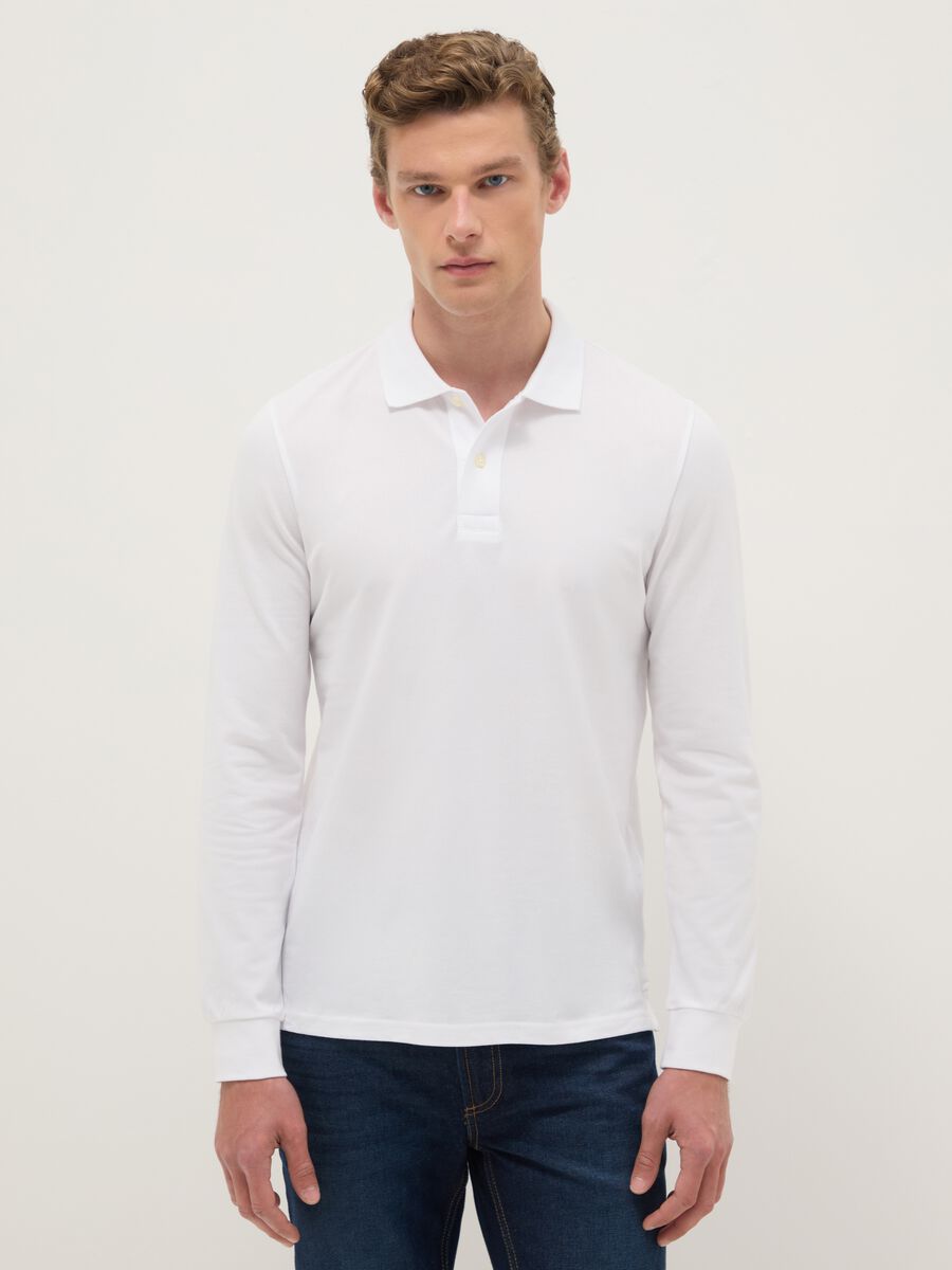 Polo bianca a maniche lunghe in puro cotone regular fit_0
