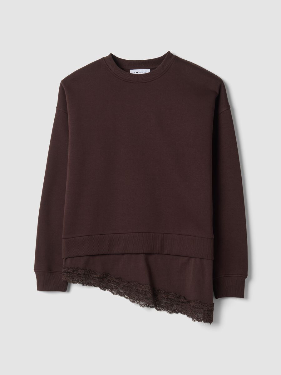 Brown cotton-blend sweatshirt with crew neck and lace detail_0