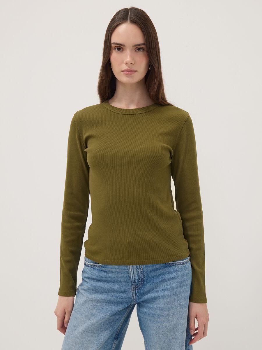 T-shirt verde a maniche lunghe in puro cotone_0