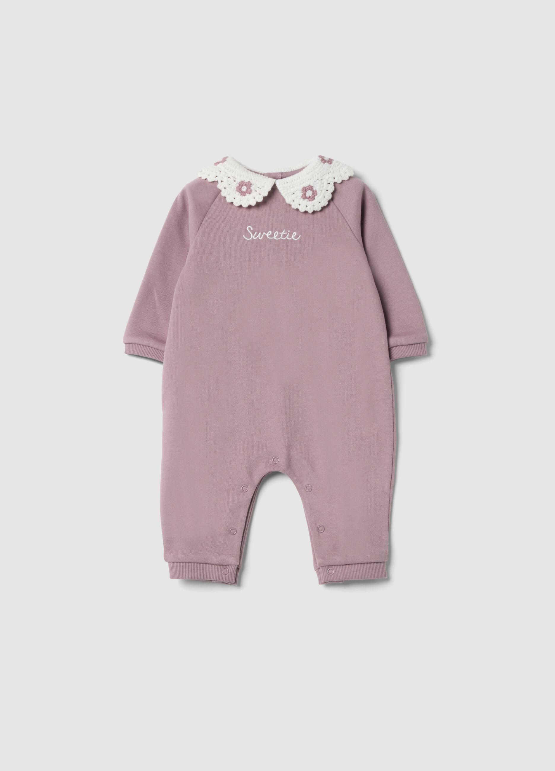 Purple organic cotton baby sleepsuit with crochet collar