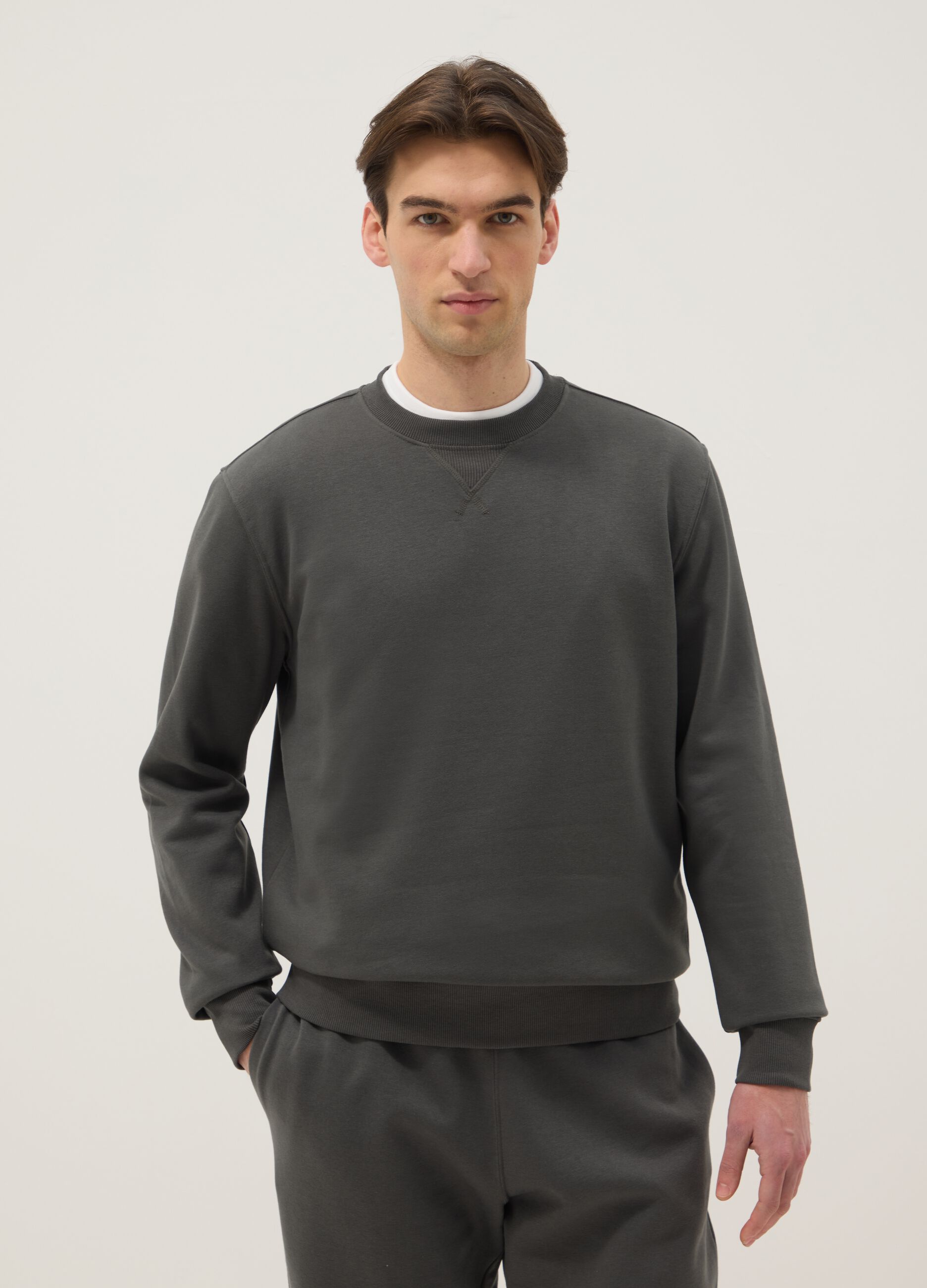Grey Cotton Blend Crew Neck Sweatshirt Regular Fit