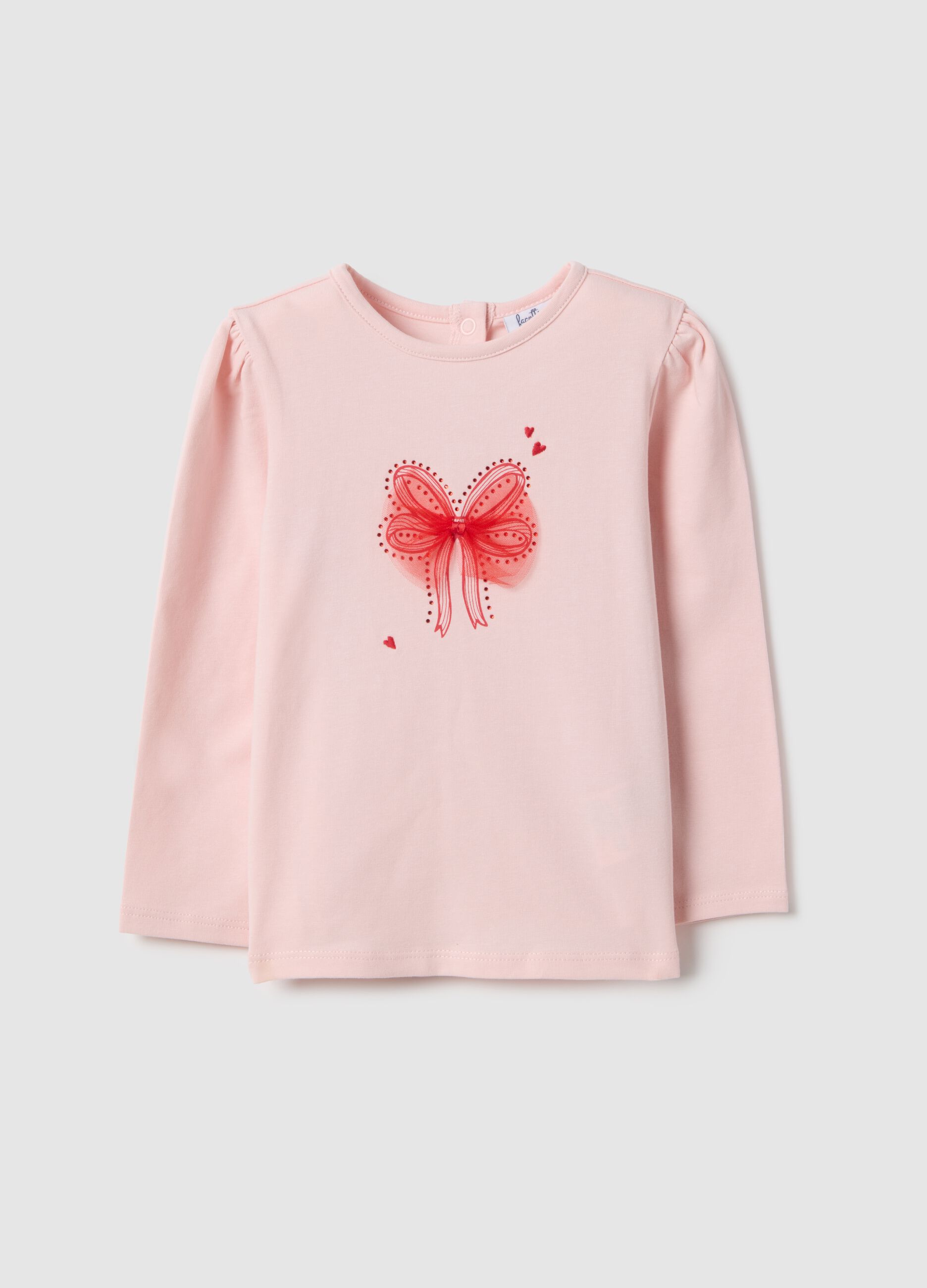 Pink Long Sleeve Cotton Stretch T-shirt with Bow Accent