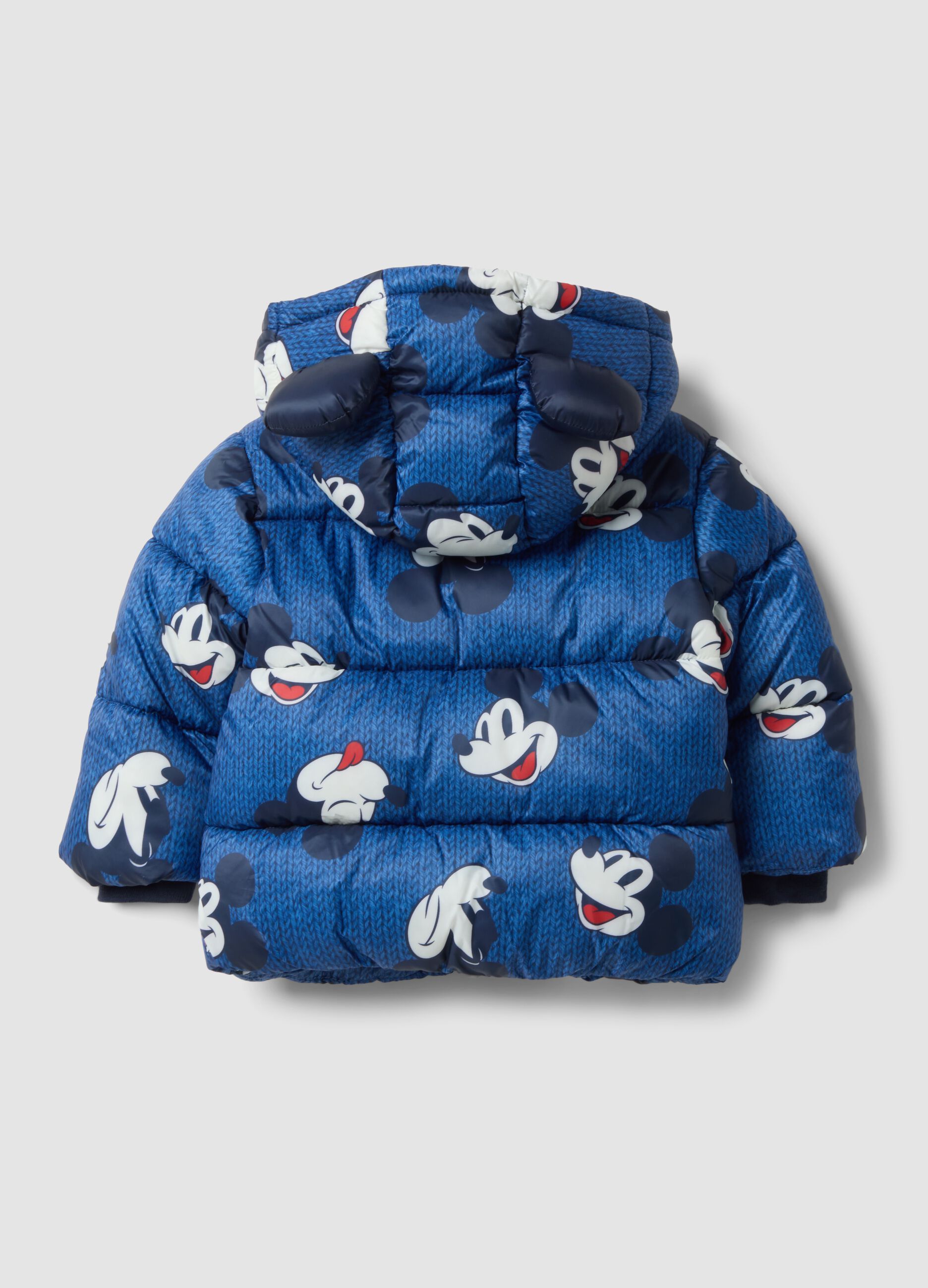 Blue hooded padded jacket with Mickey & Friends print