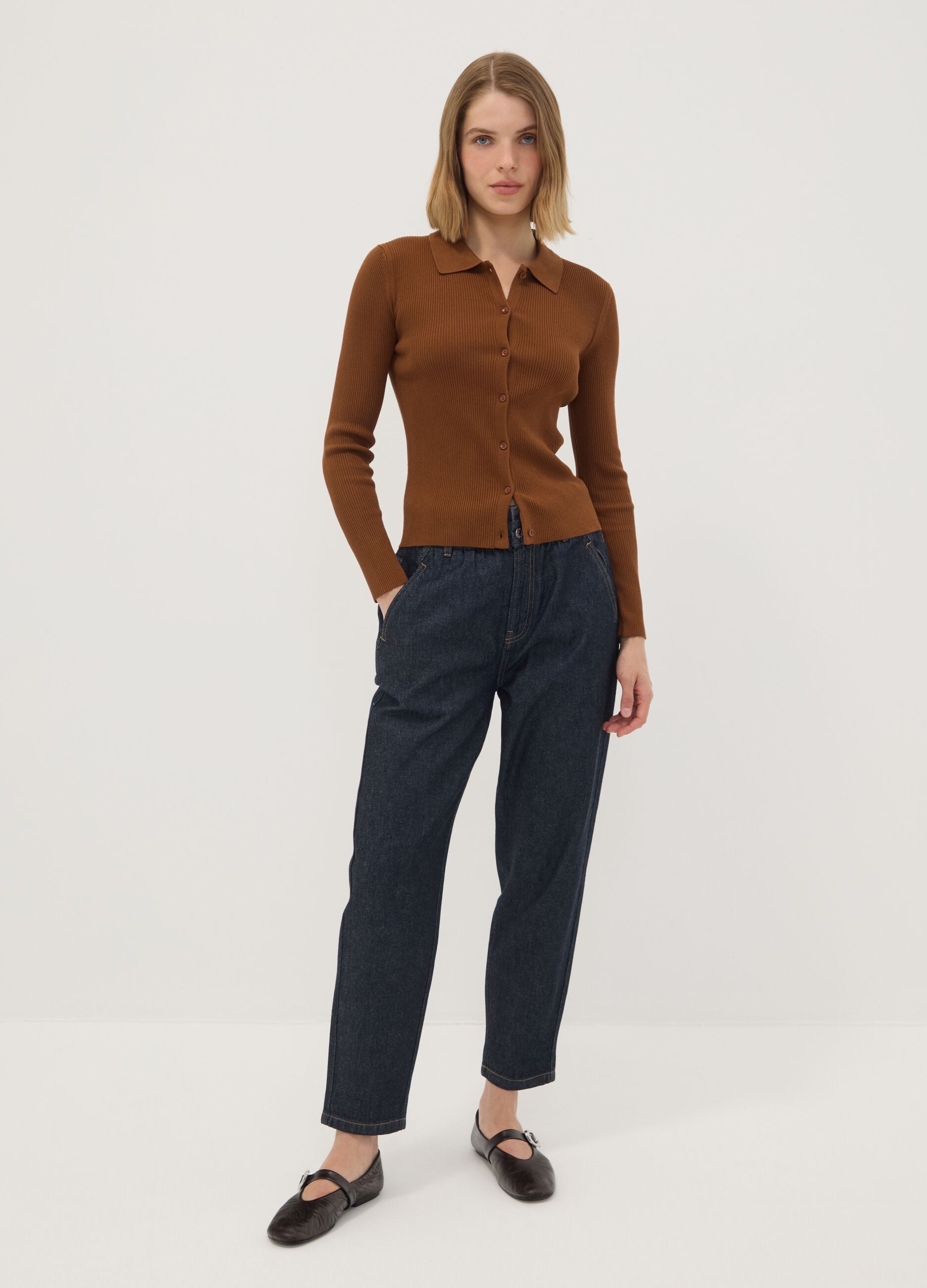 Brown fitted ribbed viscose-blend cardigan with polo collar