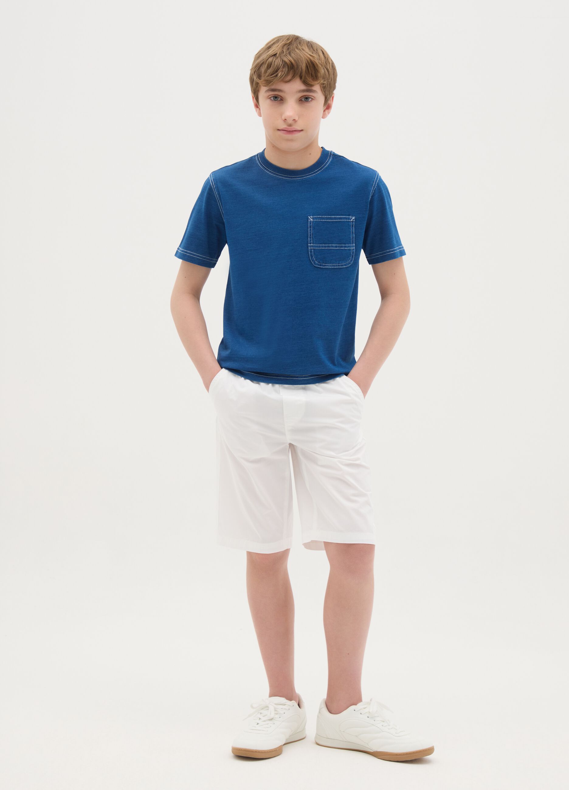 Shorts da ragazzo in puro cotone bianco regular fit con coulisse