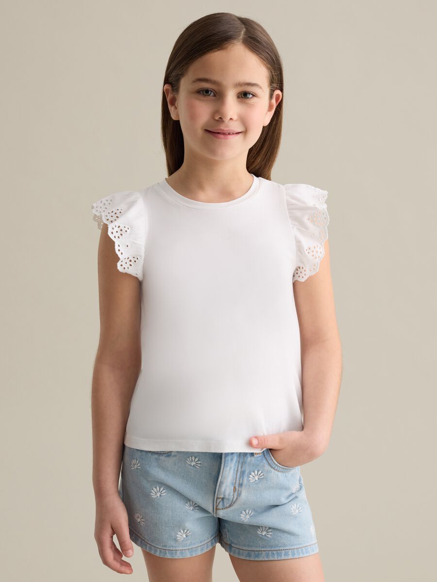 White stretch cotton T-shirt with broderie anglaise sleeves_0