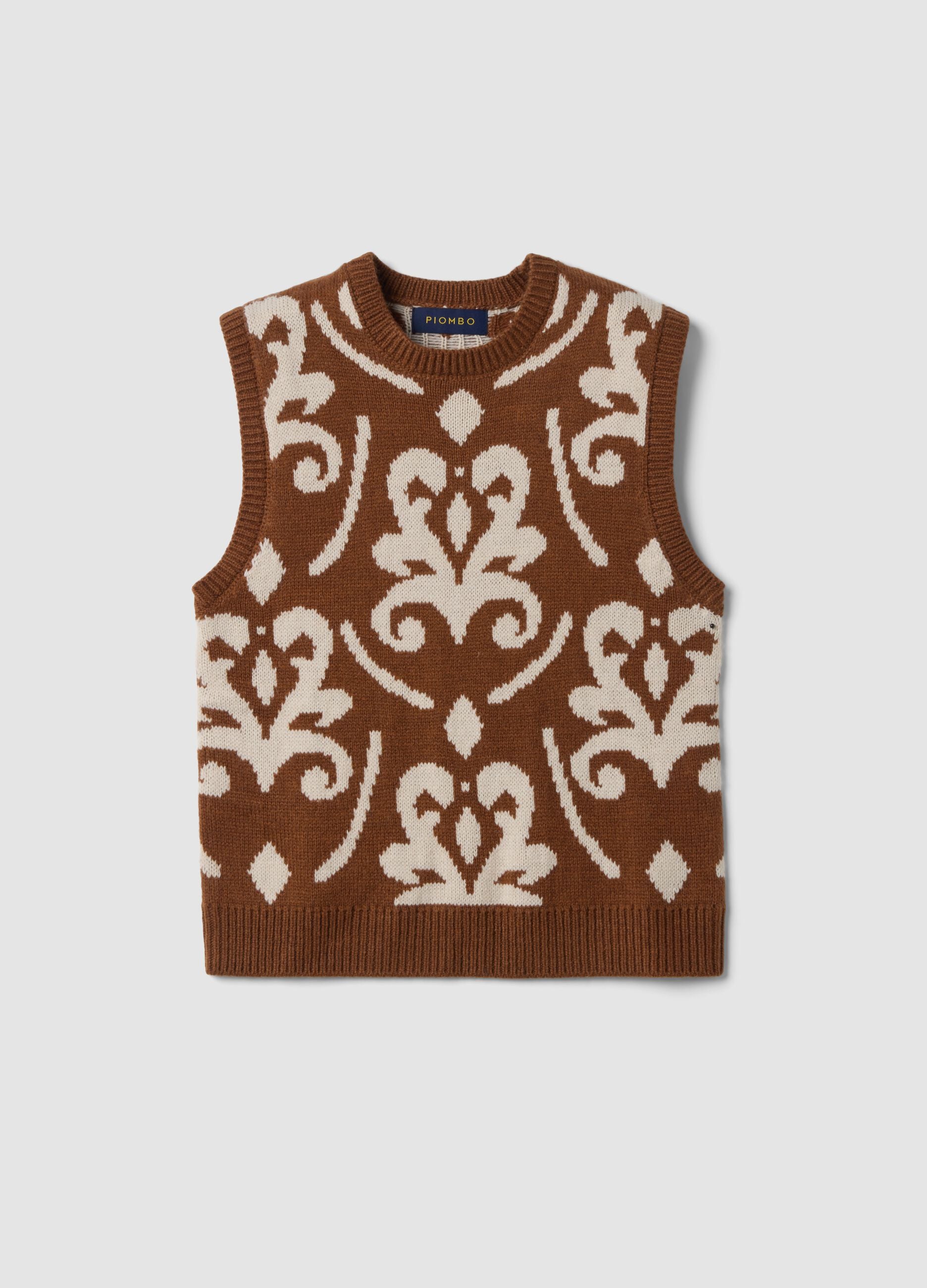 Gilet marrone e bianco in misto lana con girocollo