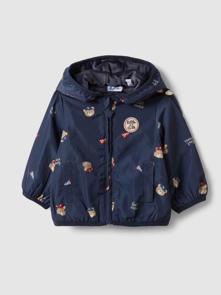 Giacca blu con cappuccio e zip con stampa orsetti per neonato_0