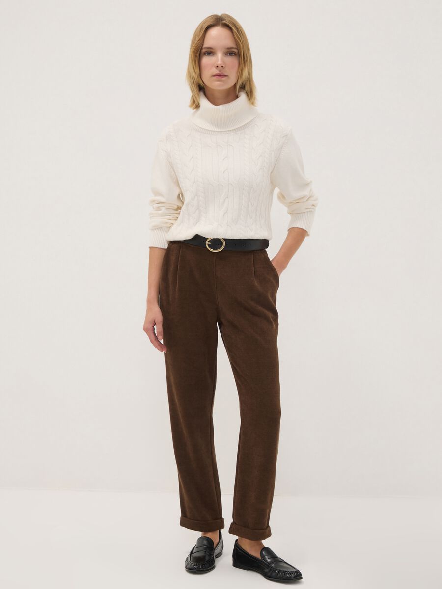 Dark brown ribbed stretch-fabric regular-fit trousers_0