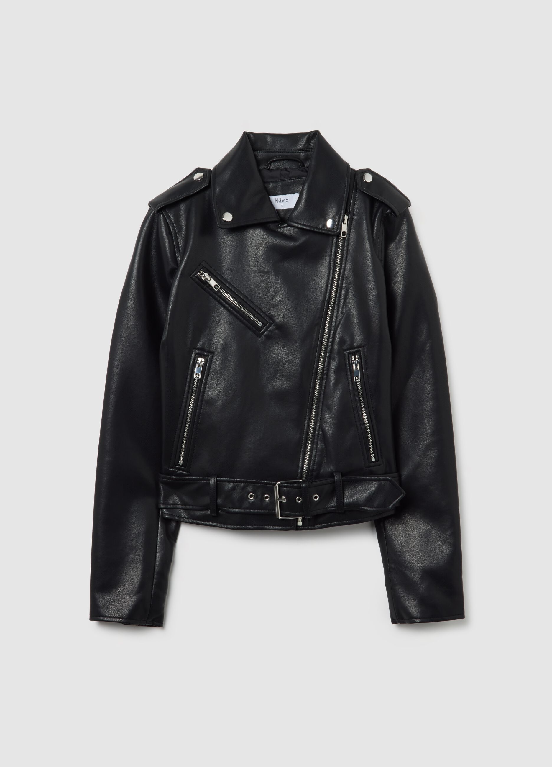 Black Faux Leather Biker Jacket with Zip