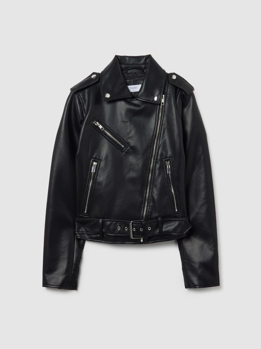 Black Faux Leather Biker Jacket with Zip_0