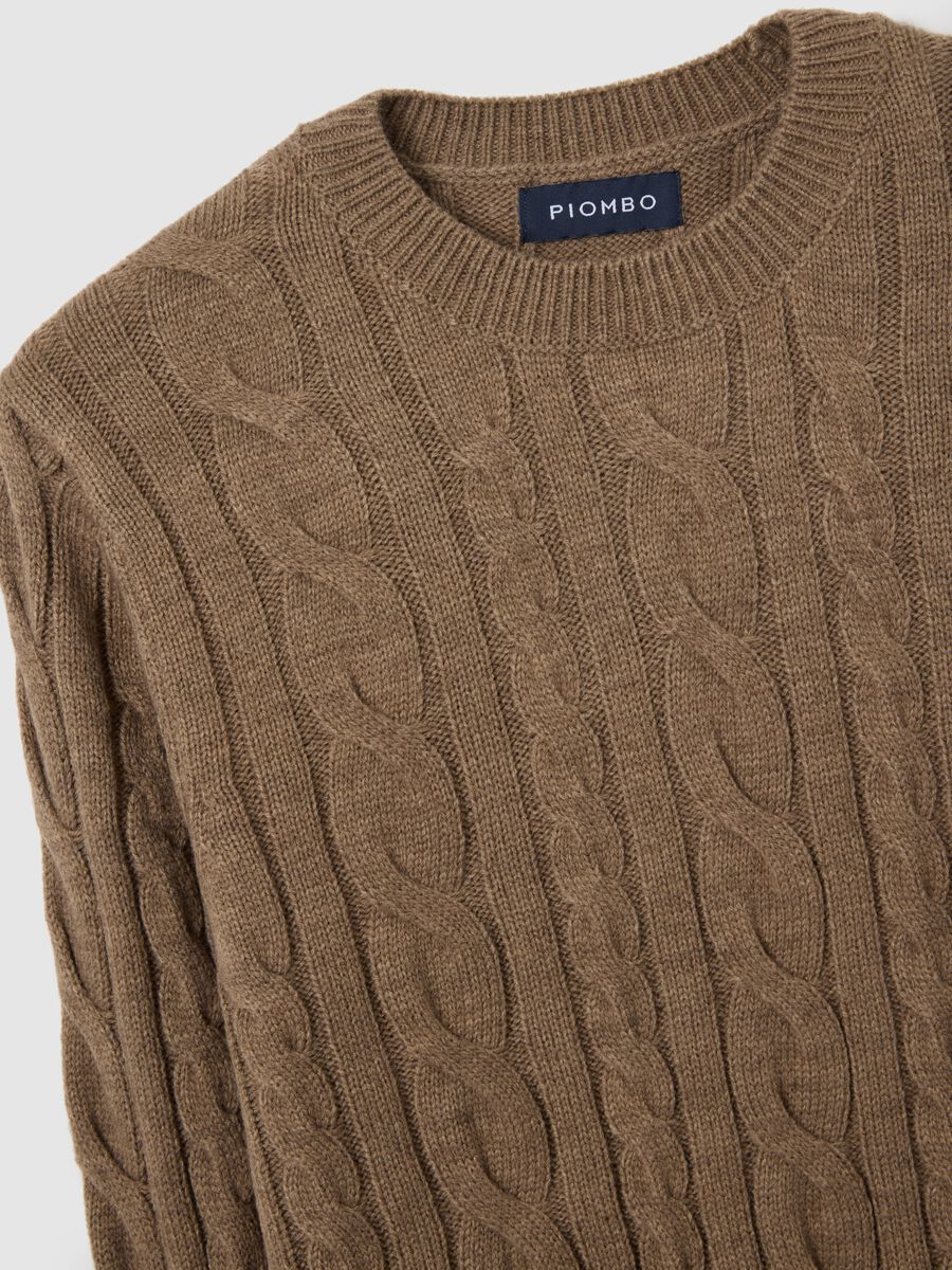 Brown regular fit crew neck jumper with cable knit_5