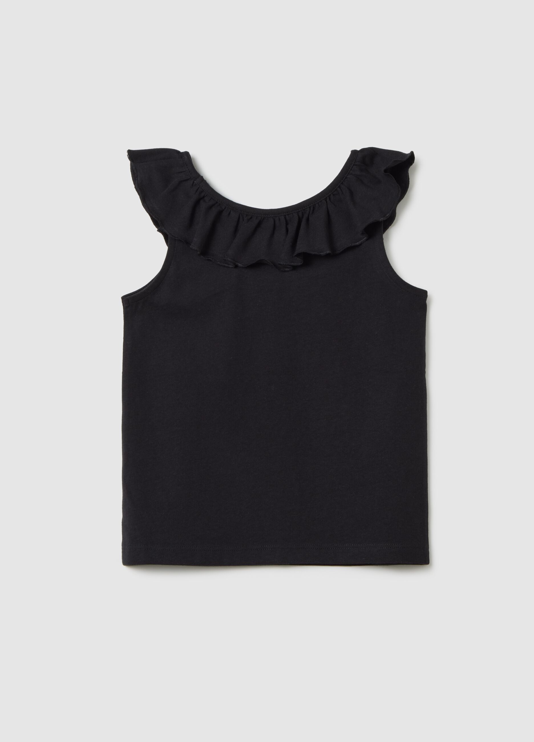 Girl's top in pure black cotton regular fit with ruffles