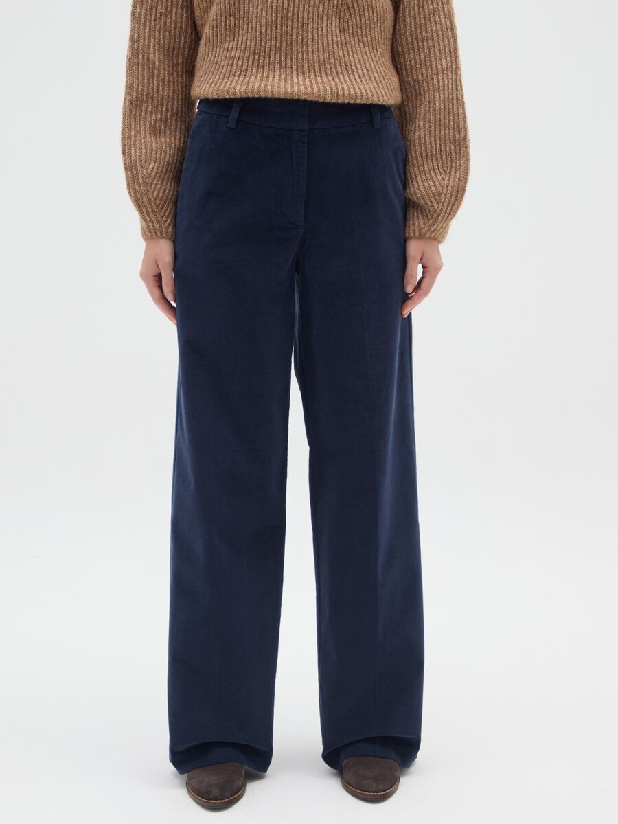 Regular fit blue velvet and cotton trousers_1