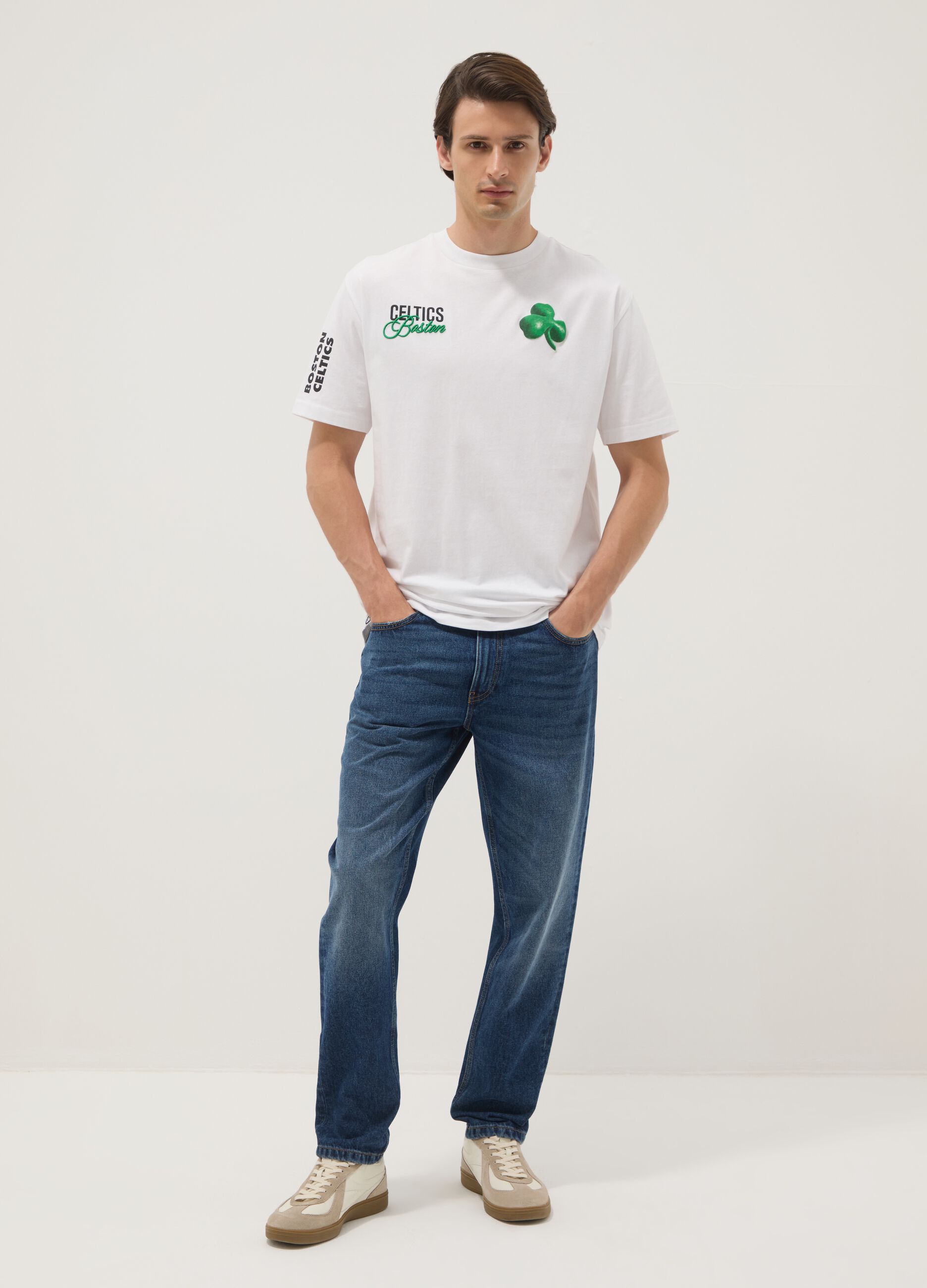 White pure cotton T-shirt with Boston Celtics logo