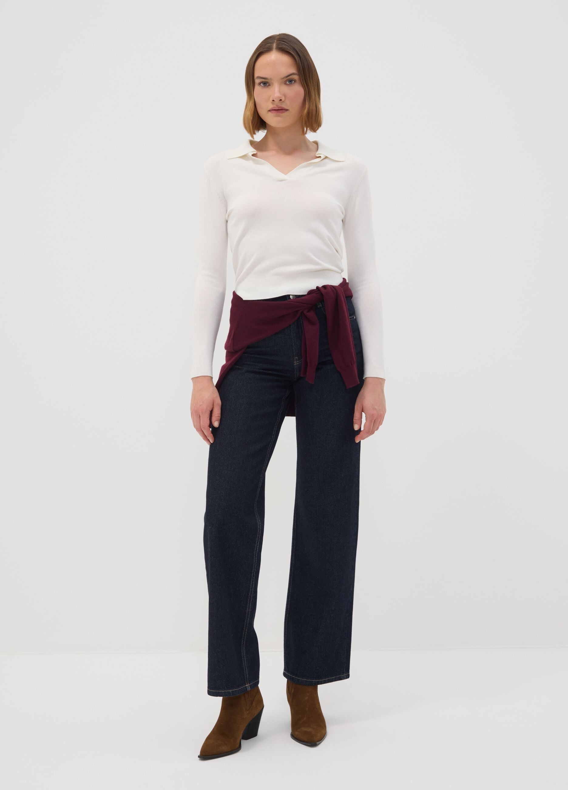 White viscose-blend polo-collar jumper, regular fit