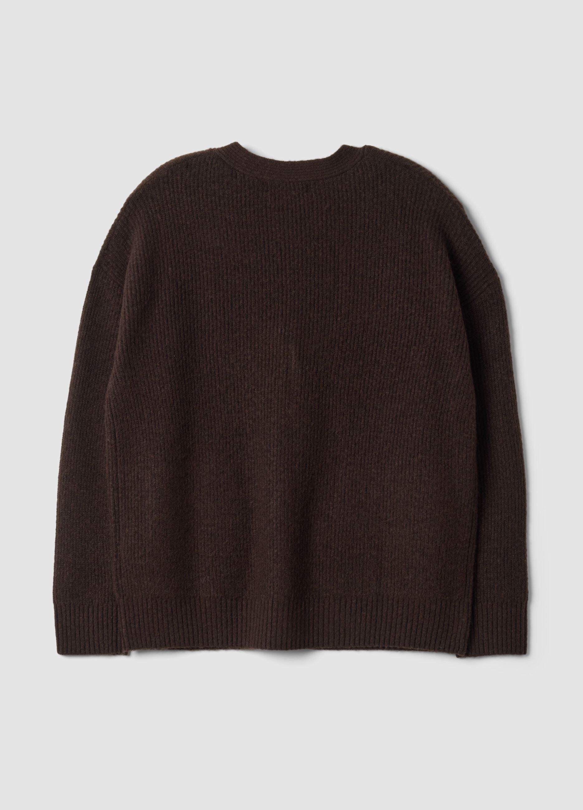 Brown stretch-fabric cardigan with deep V-neckline