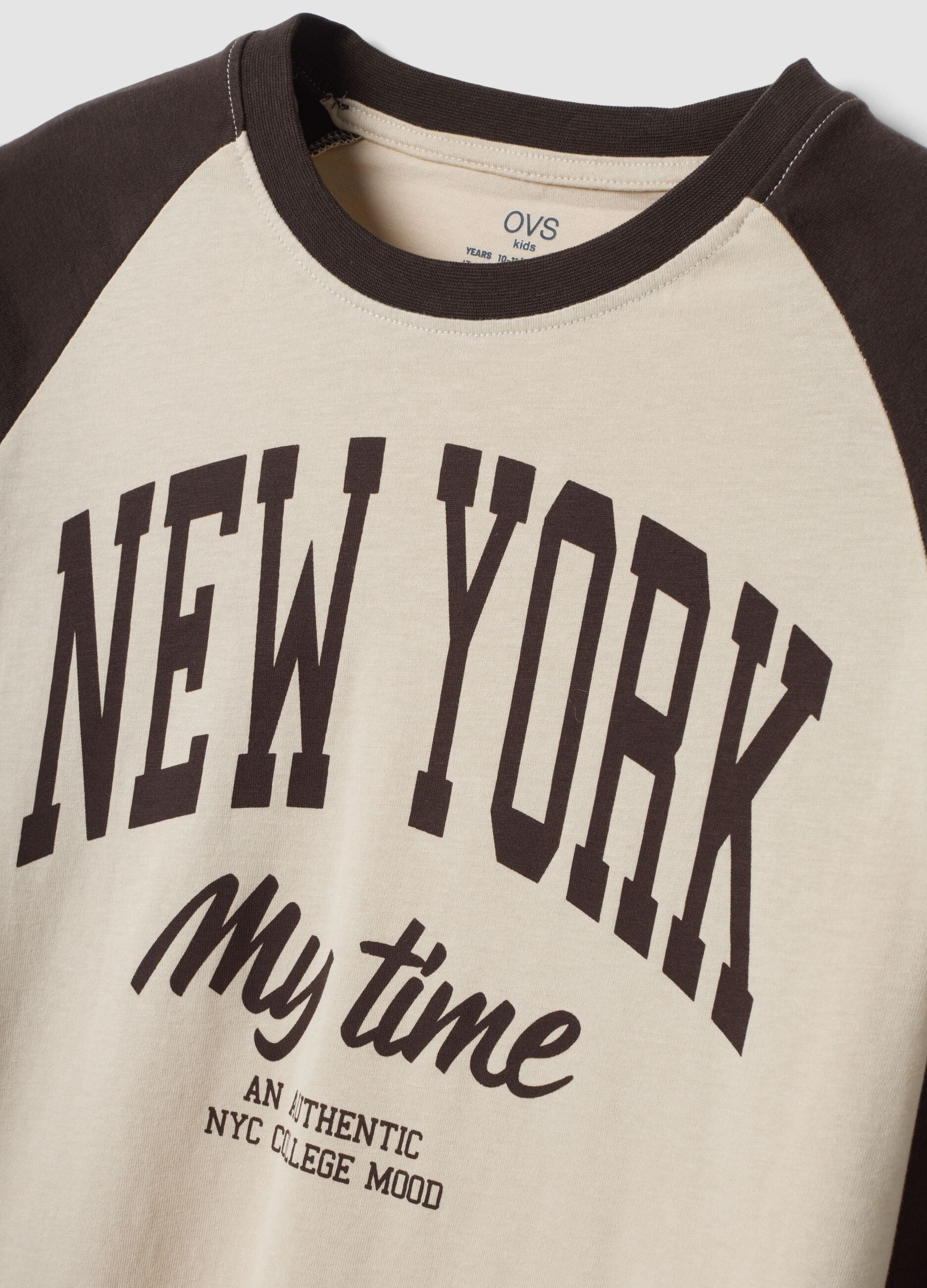 Beige long-sleeve crew-neck T-shirt in pure cotton