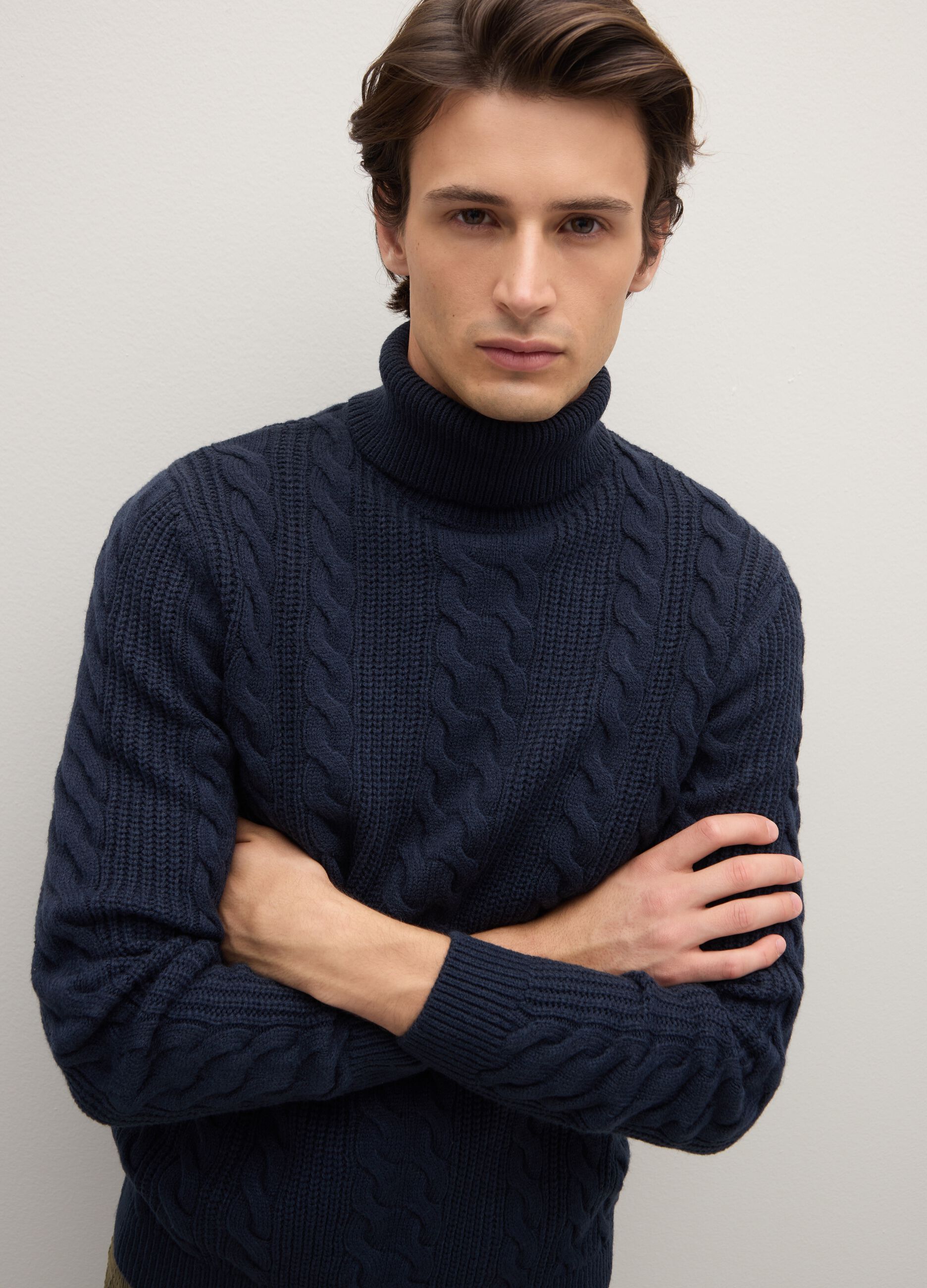 Blue high-neck sweater with regular fit and jacquard pattern