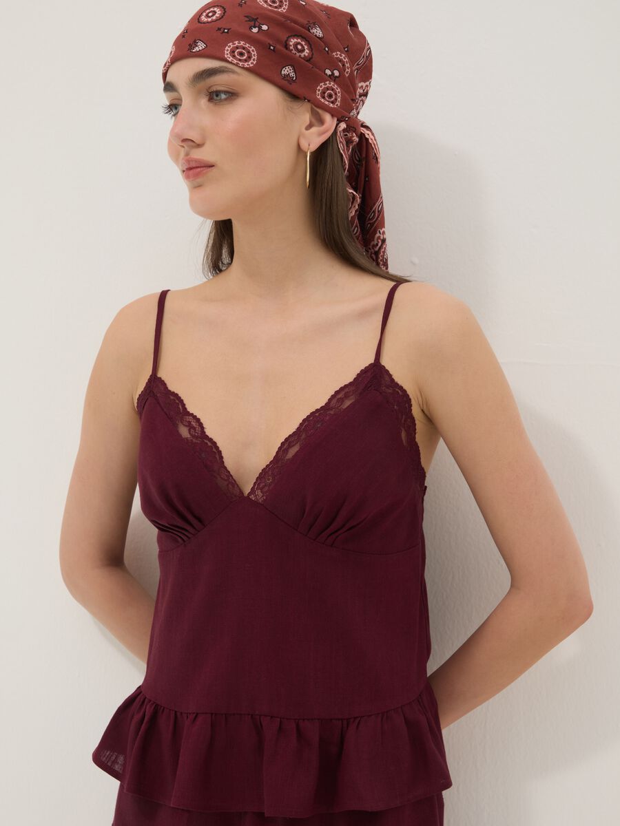 Burgundy viscose-linen blend lace top, regular fit_0