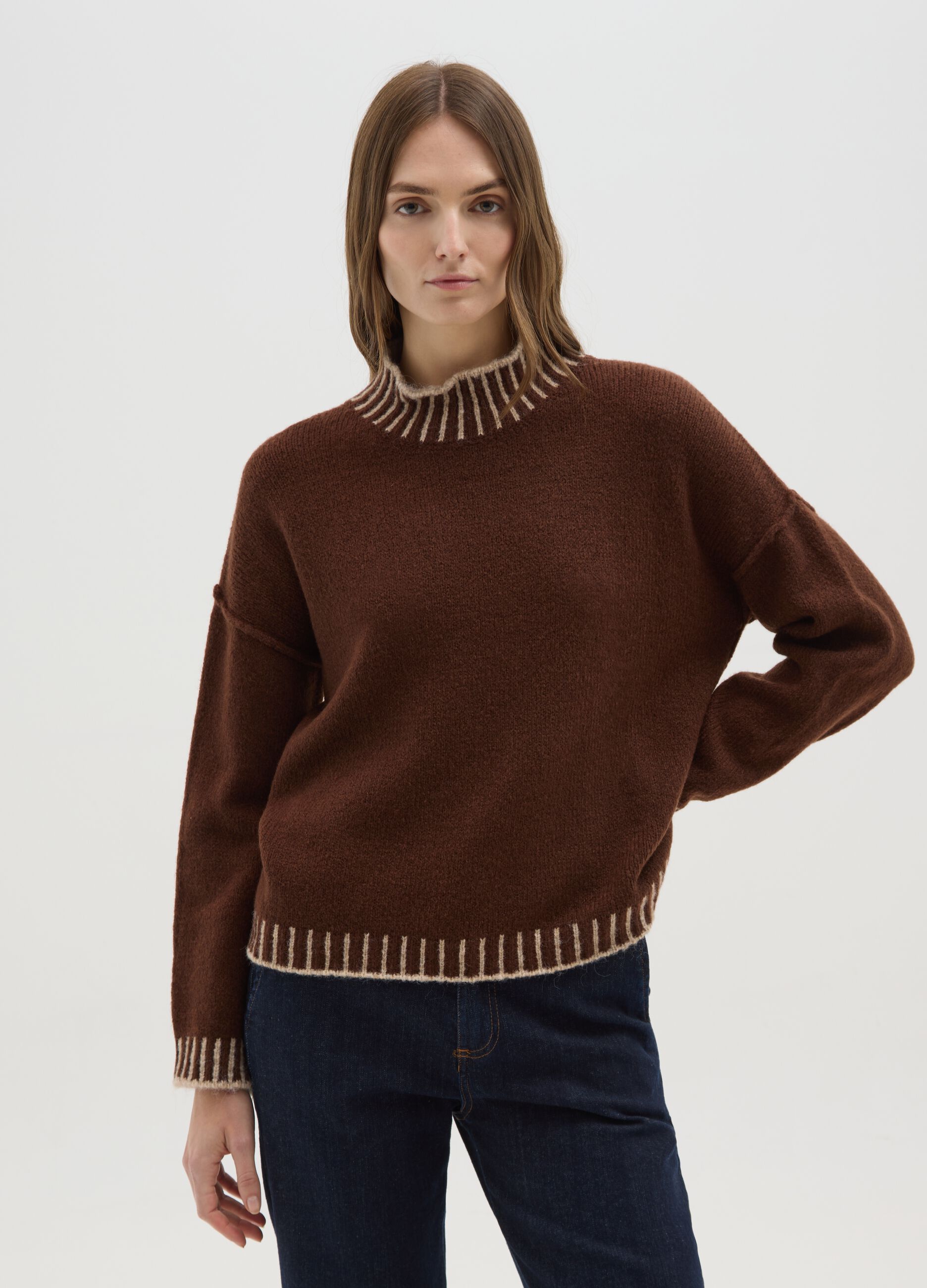 Brown High Neck Sweater with Contrasting Edges