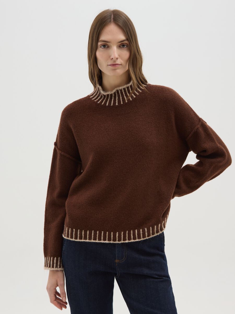 Brown High Neck Sweater with Contrasting Edges_0