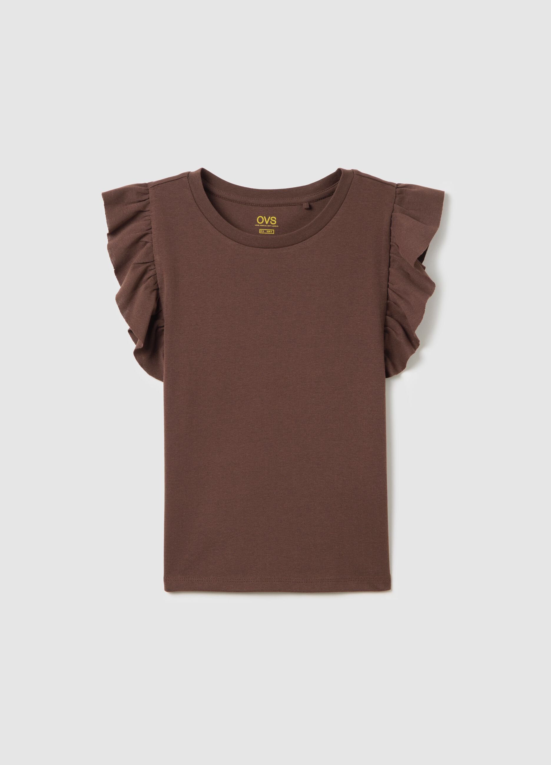 T-shirt da donna in puro cotone marrone regular fit con ruches