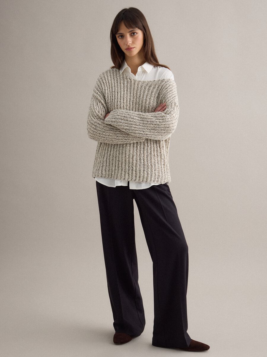 Beige cotton blend regular fit woven jumper with boat neck_2