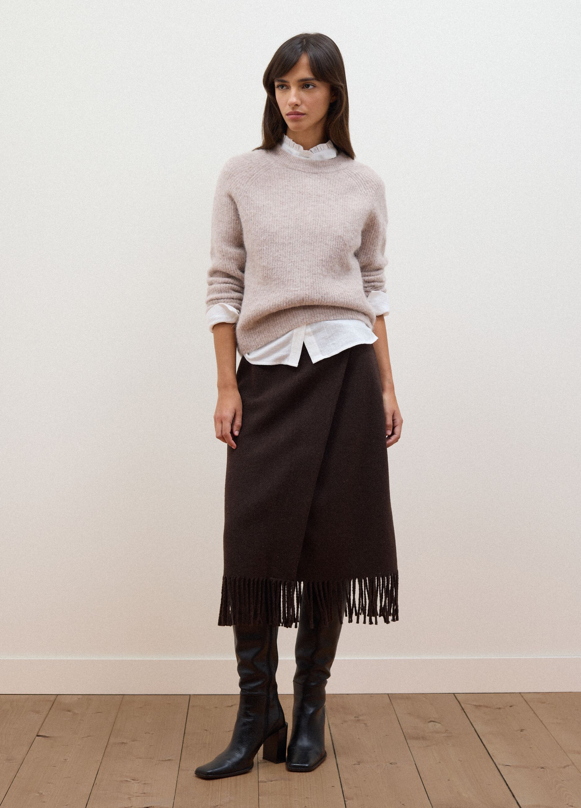 Beige alpaca and wool blend crew-neck jumper