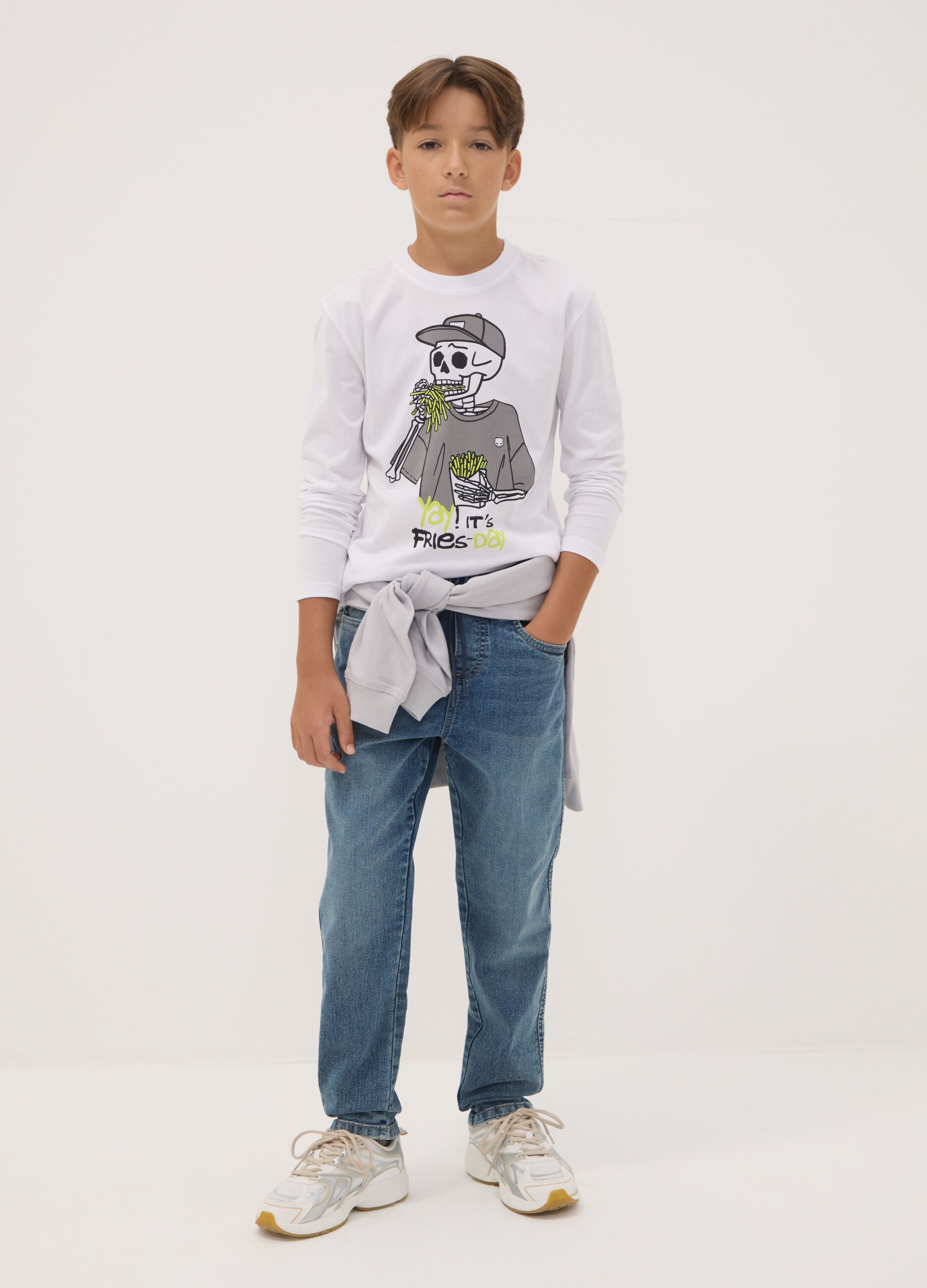 Blue stretch cotton jeans with elasticated waist for boys