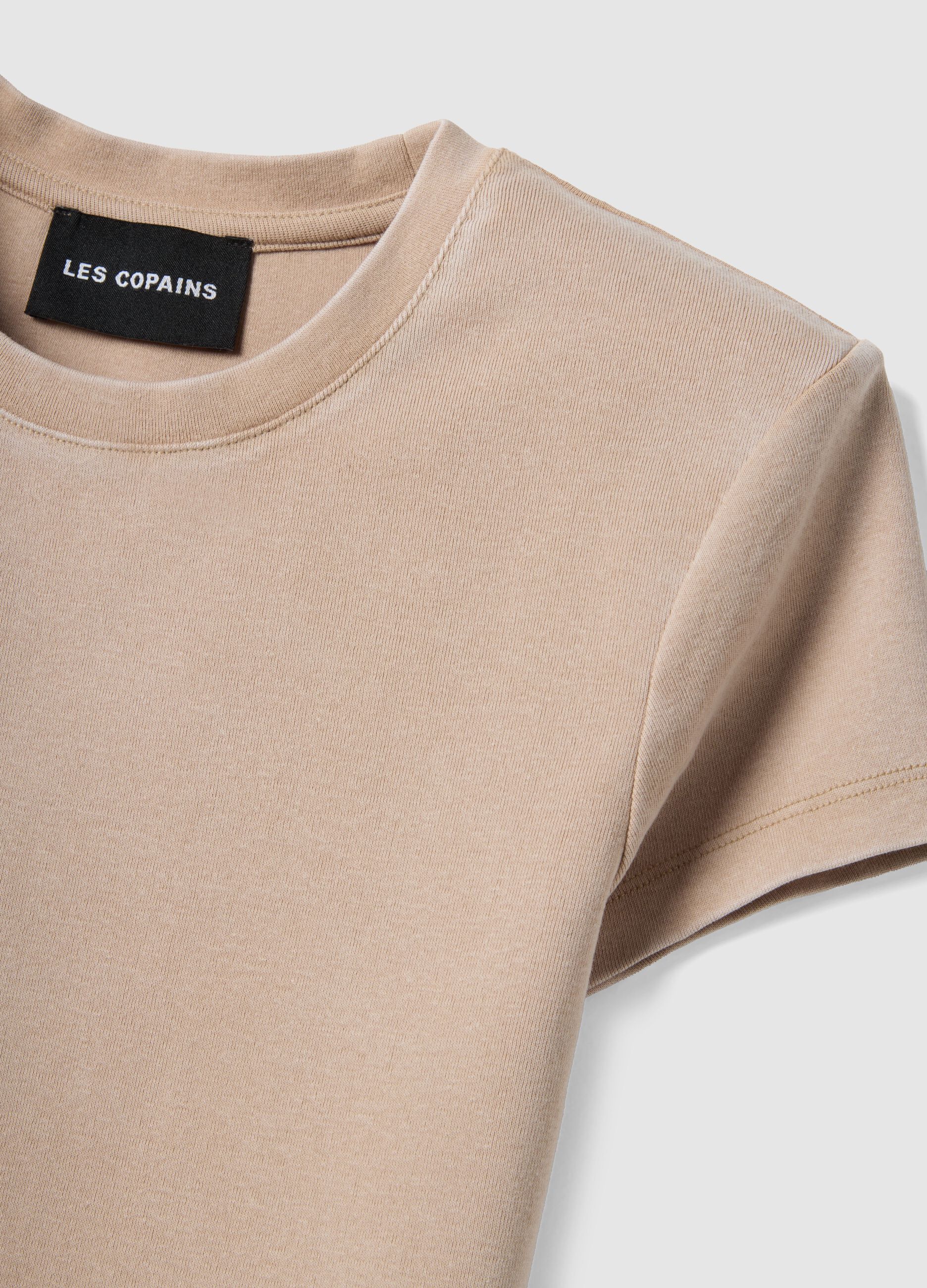 Beige stretch cotton fitted t-shirt