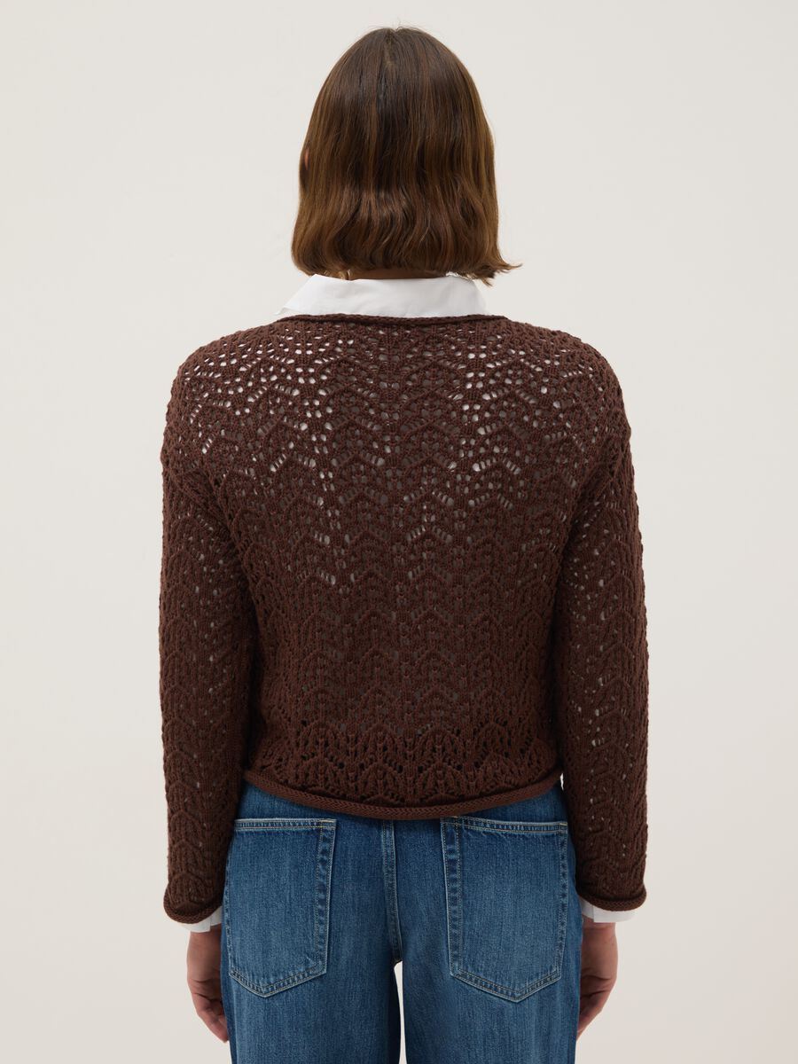 Brown pure cotton sweater with perforated pattern, regular fit_2