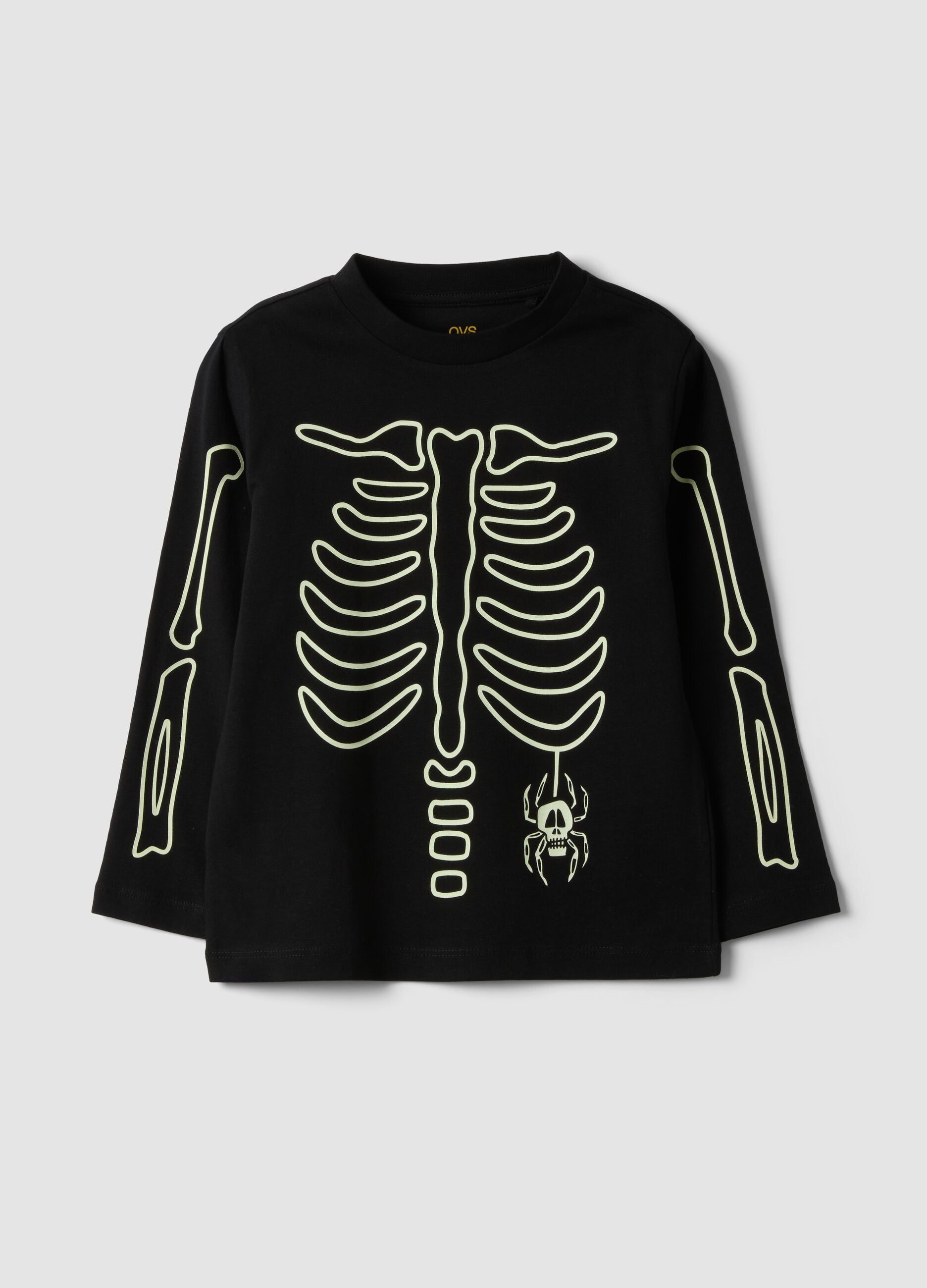 Black pure cotton crew-neck T-shirt with skeleton print