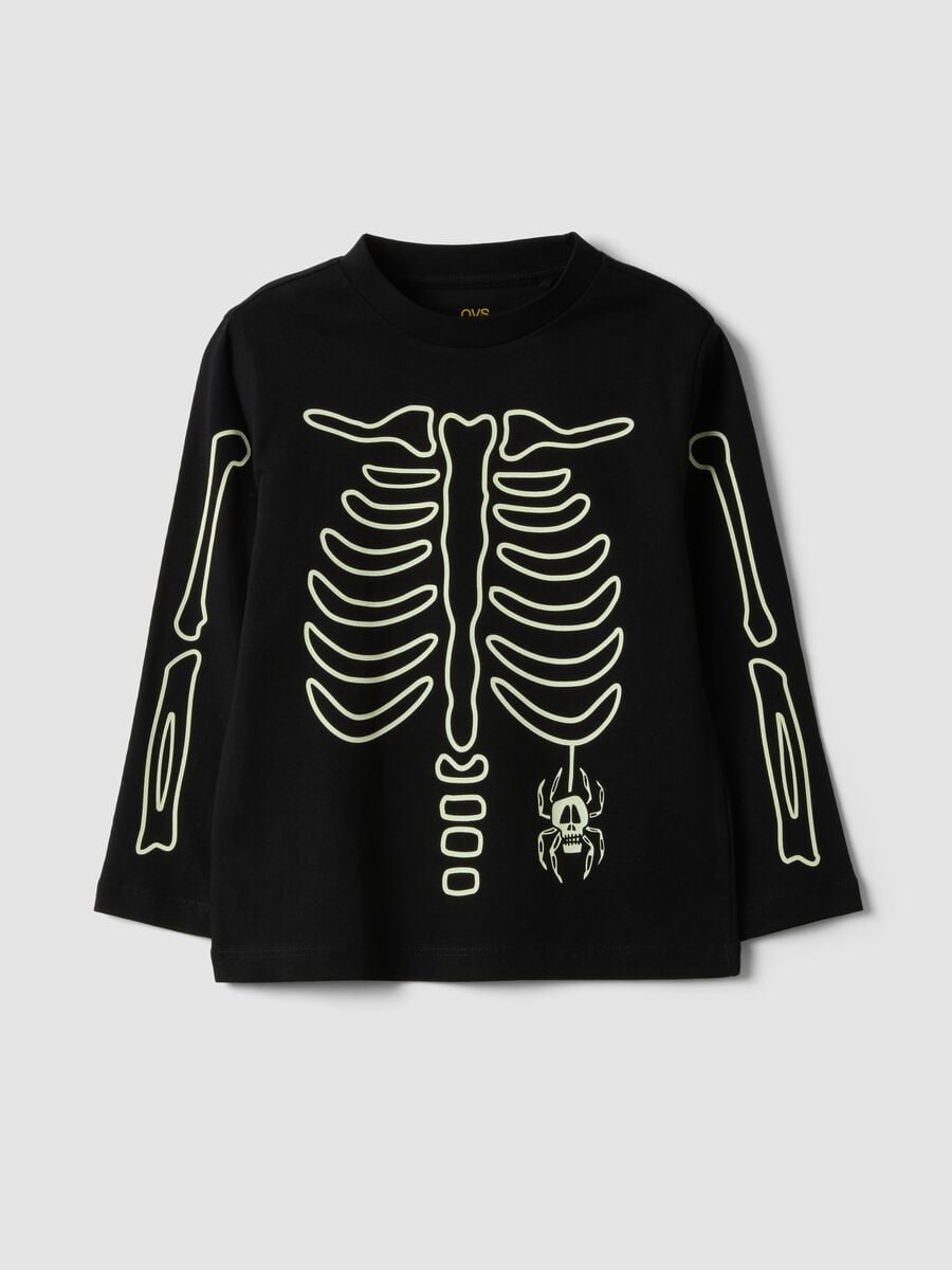 T-shirt nera in puro cotone con girocollo e stampa scheletro_0