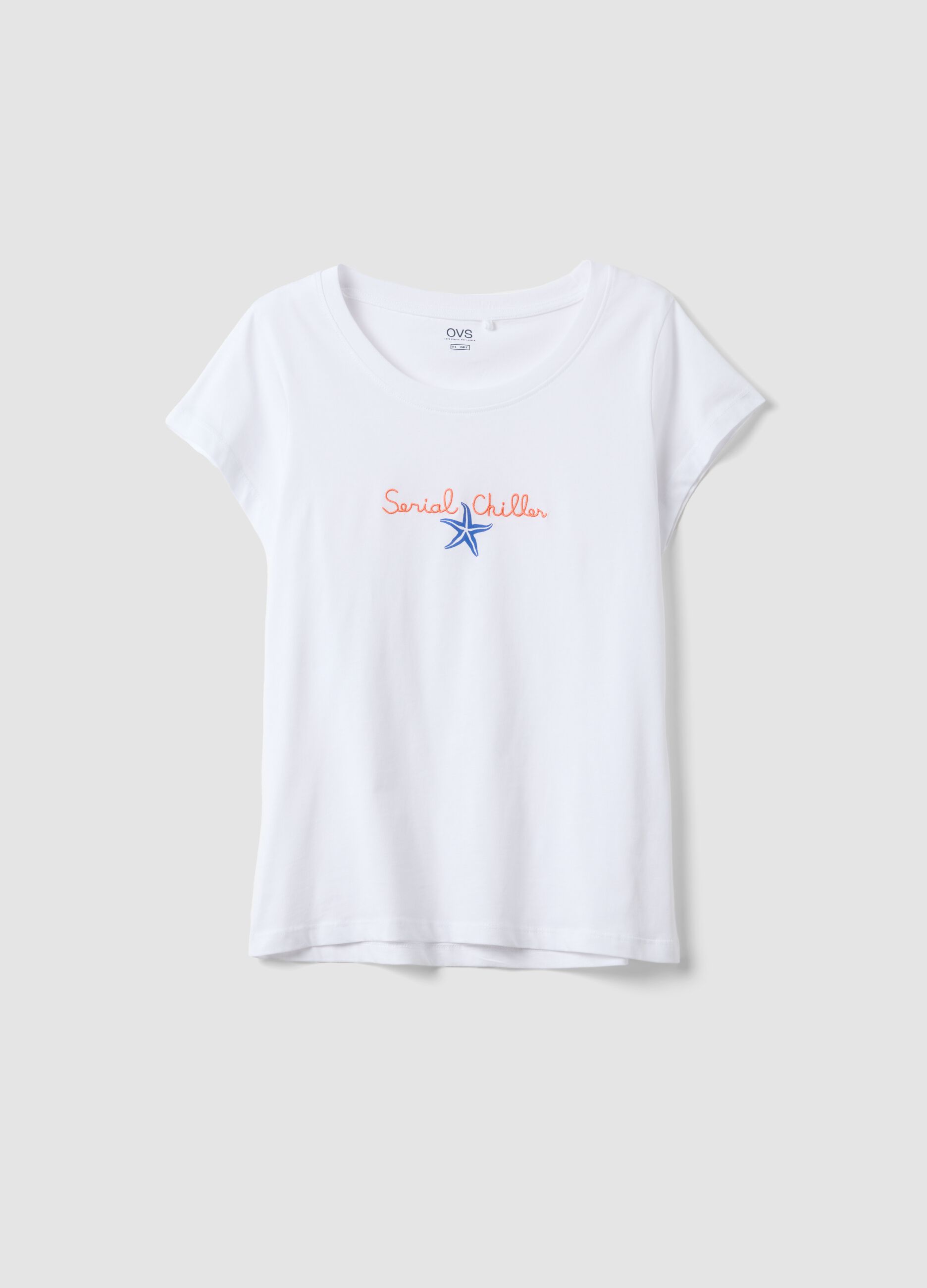 White pure cotton pyjama T-shirt, regular fit with embroidery
