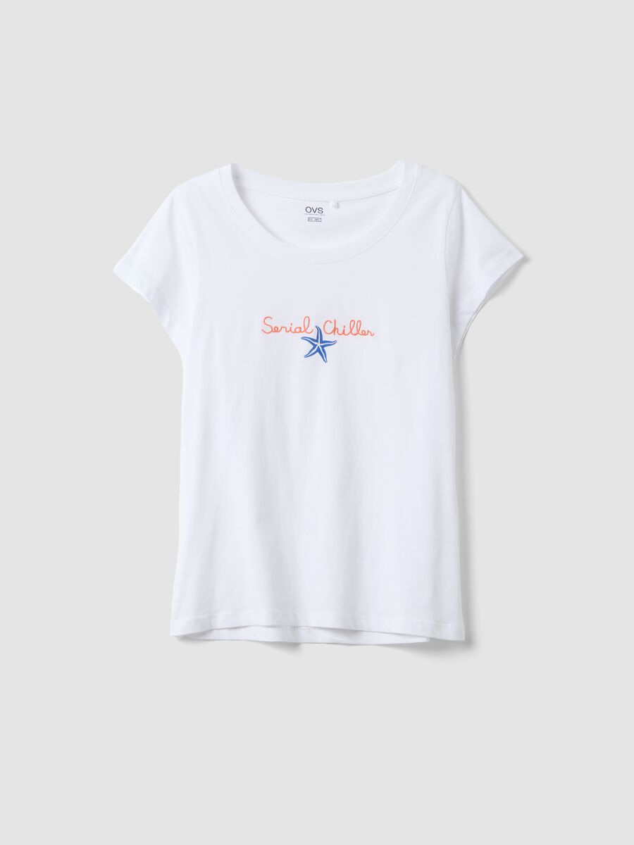 White pure cotton pyjama T-shirt, regular fit with embroidery_4