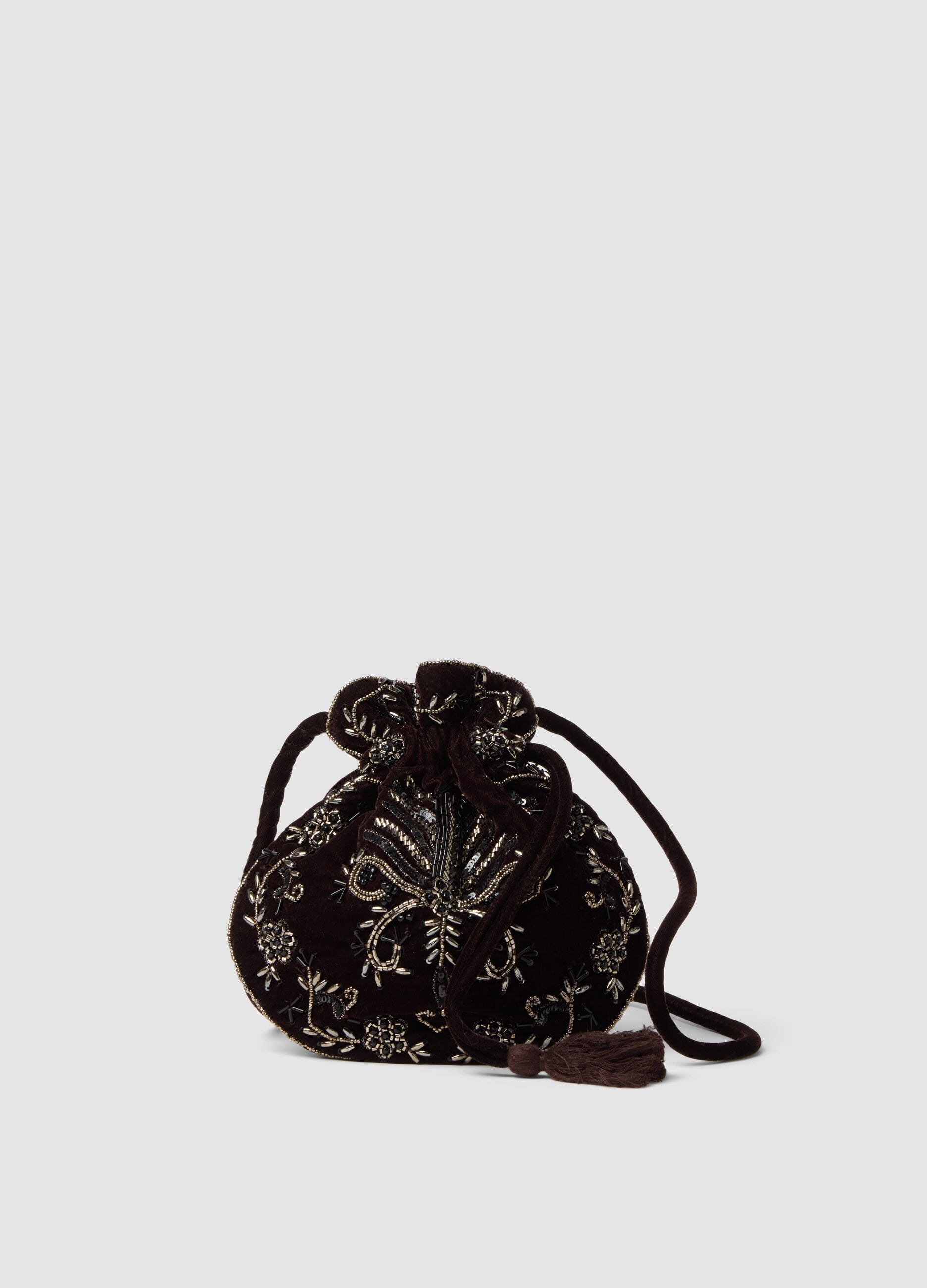 Dark brown bucket bag with beaded embroidery