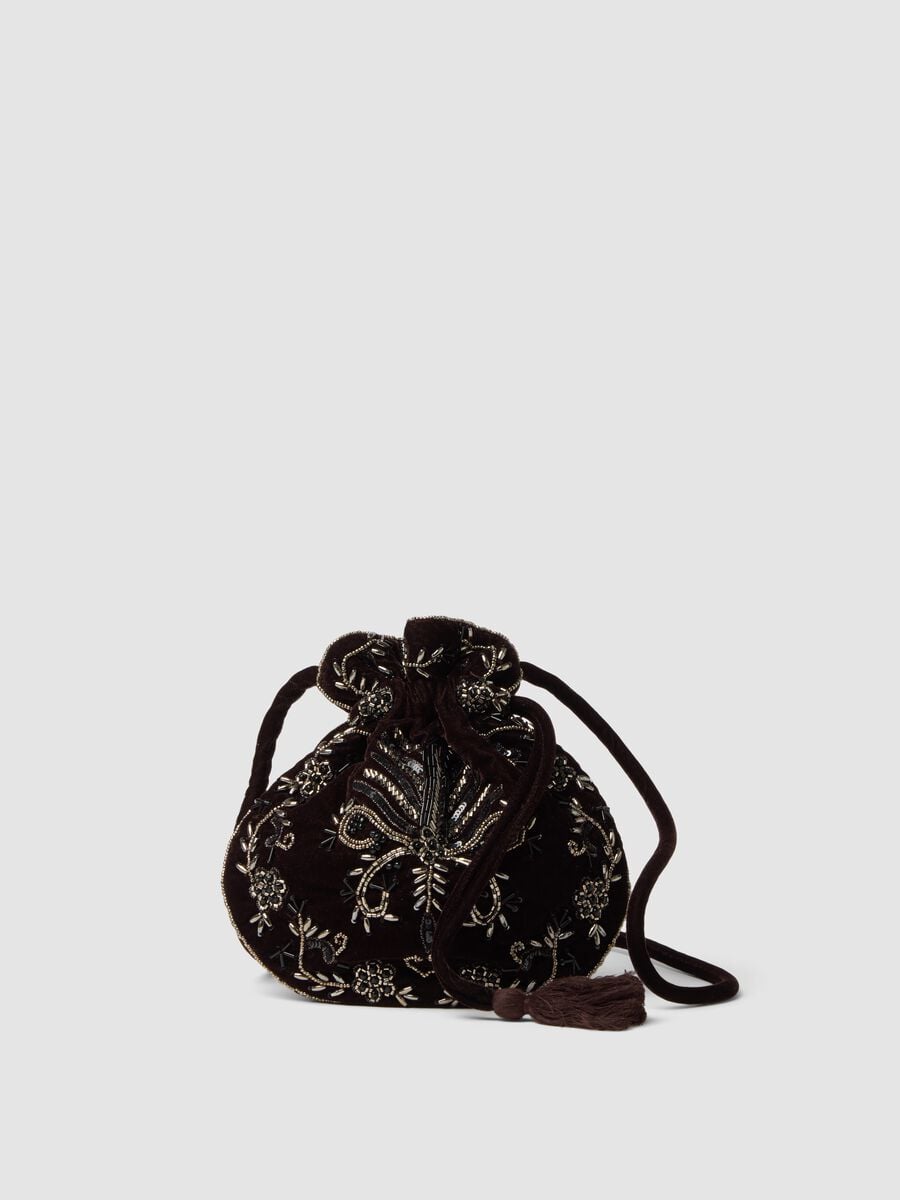 Borsa a secchiello marrone scuro con ricami di perline_0
