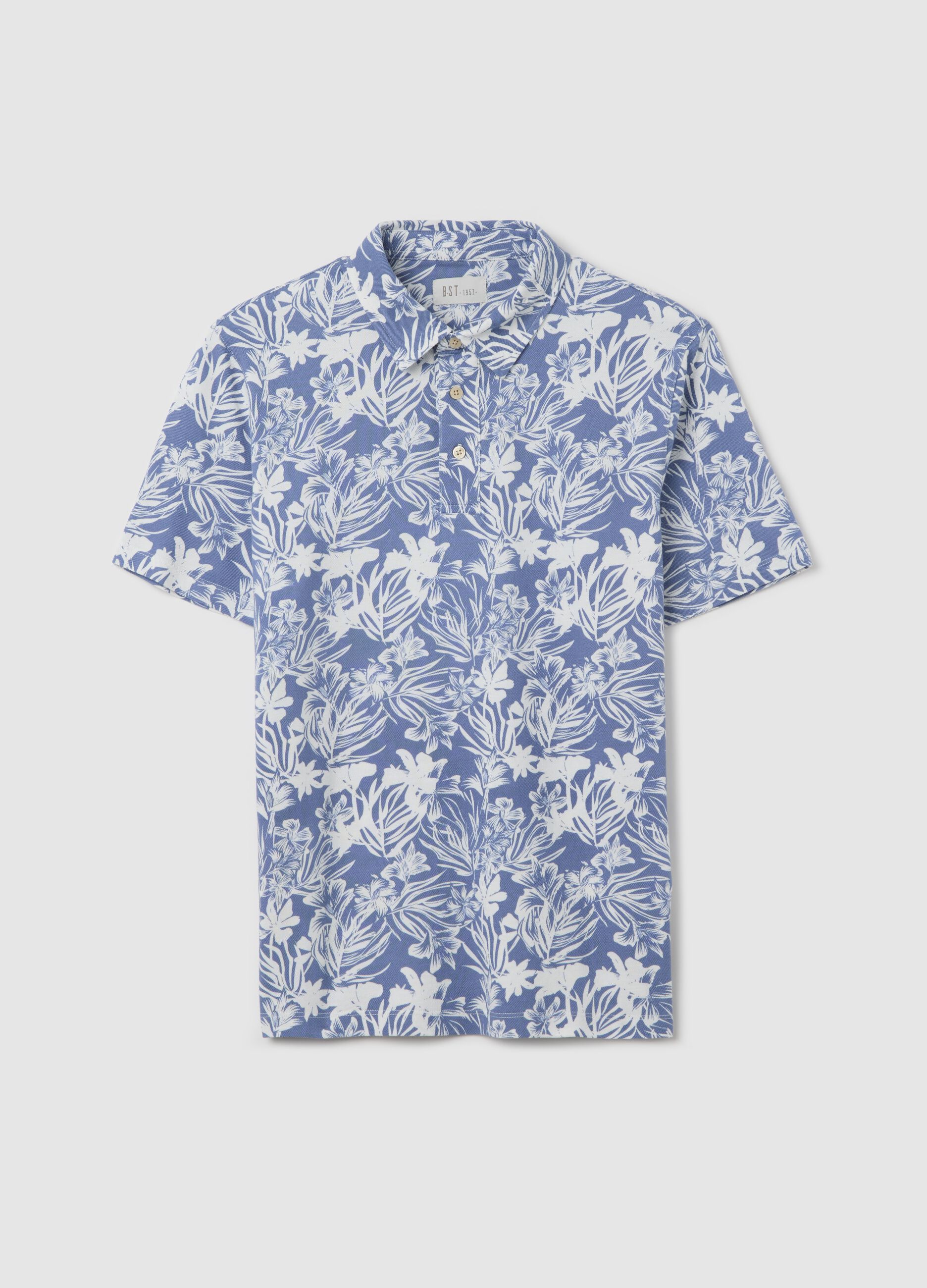 BST blue polo shirt with short sleeves and floral print