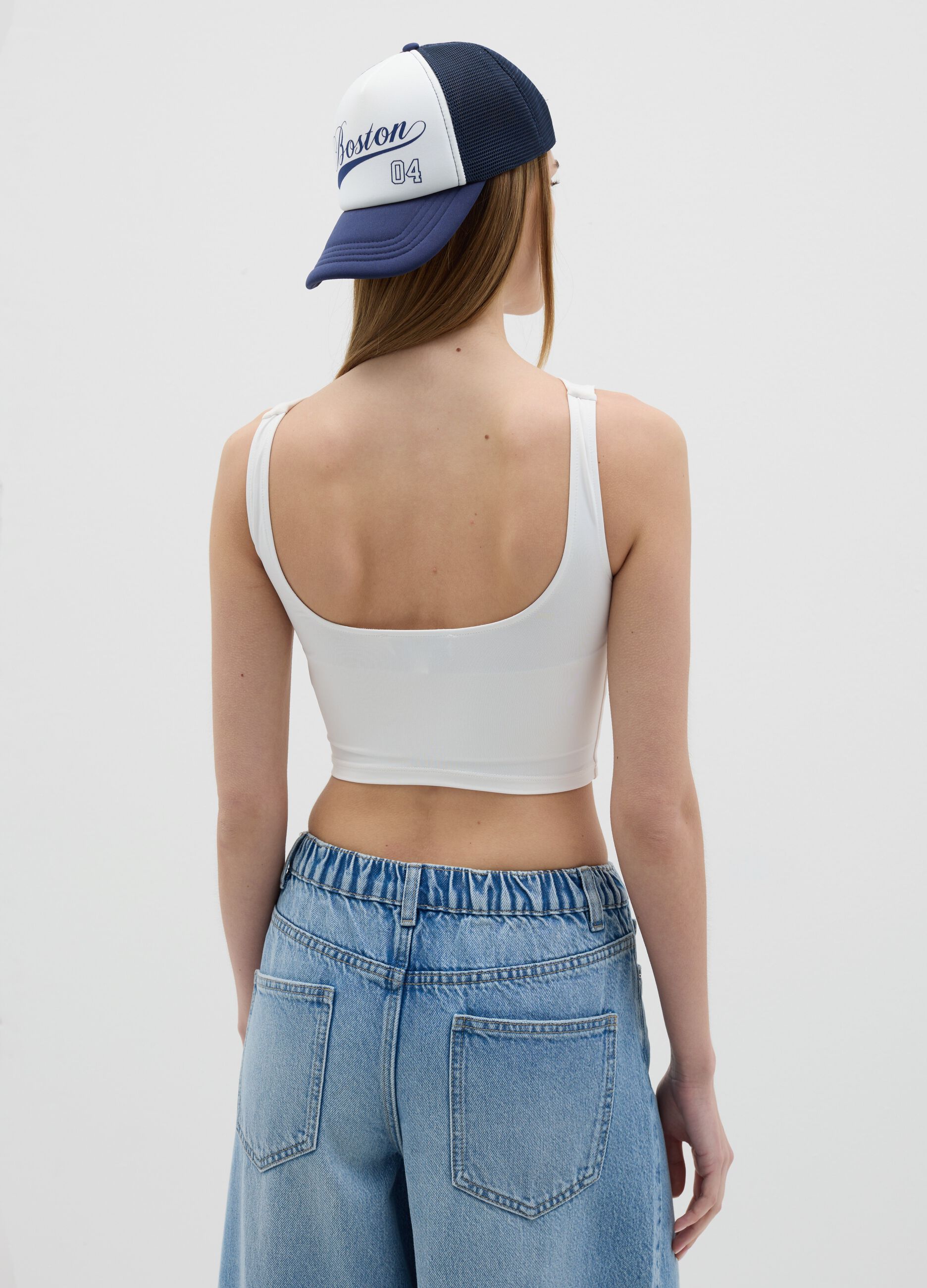Canotta crop da donna in tessuto elasticizzato bianca fitted