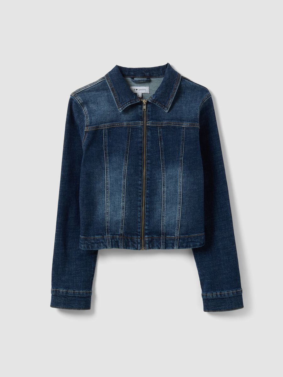 Blue slim-fit stretch cotton denim jacket with zip_0