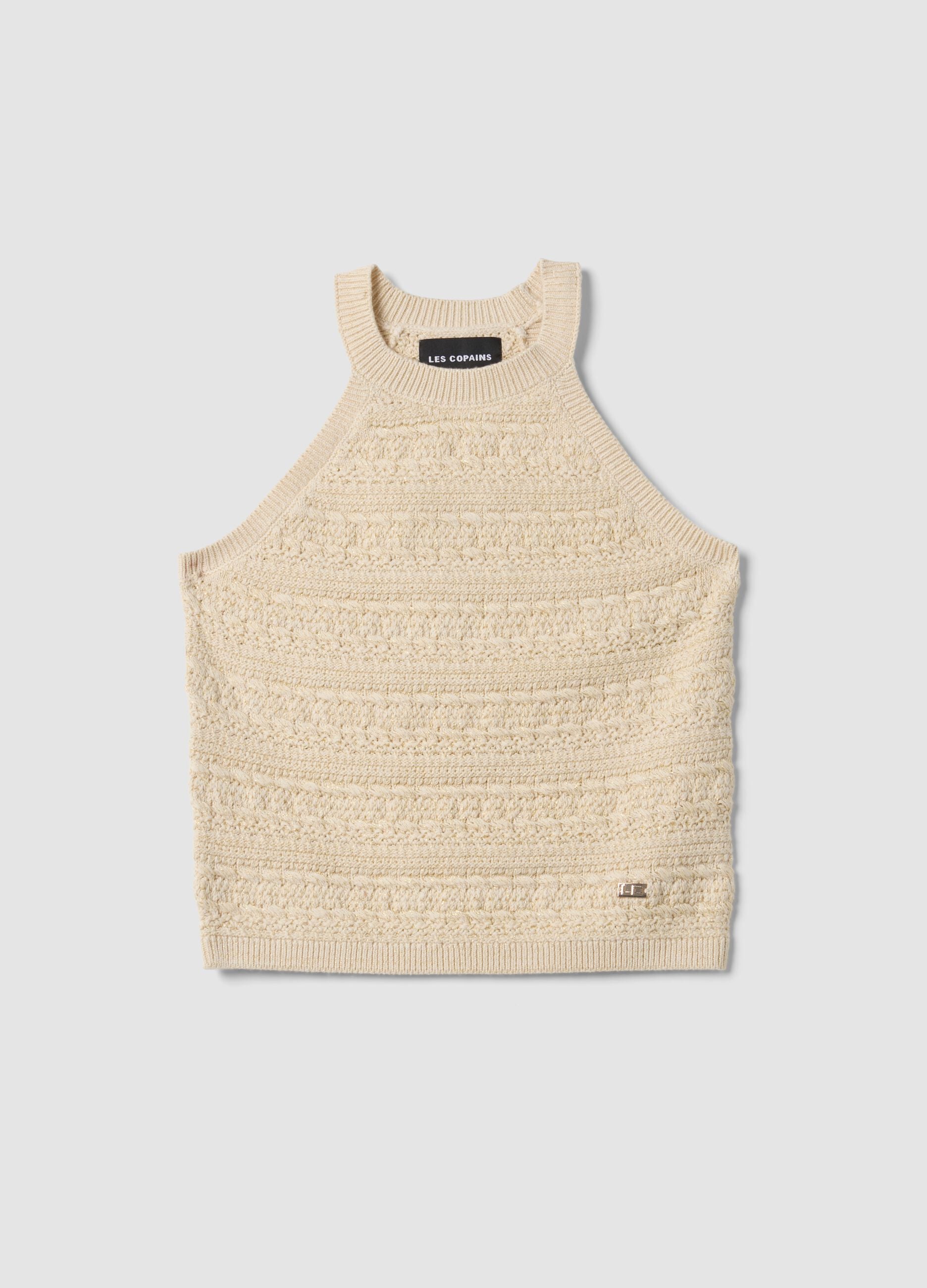 Beige cotton-blend knitted top