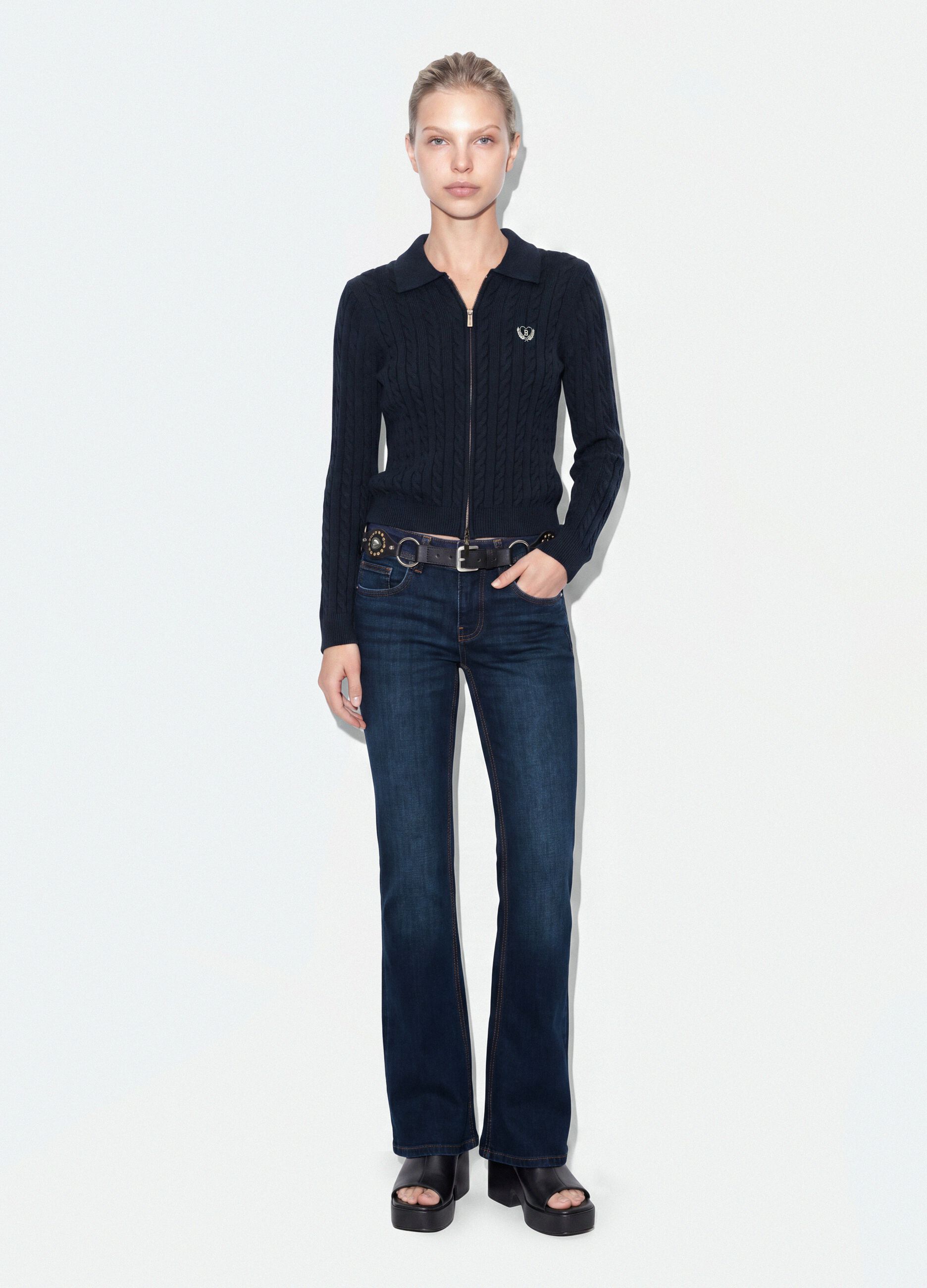 Navy viscose-blend fitted cardigan with polo collar
