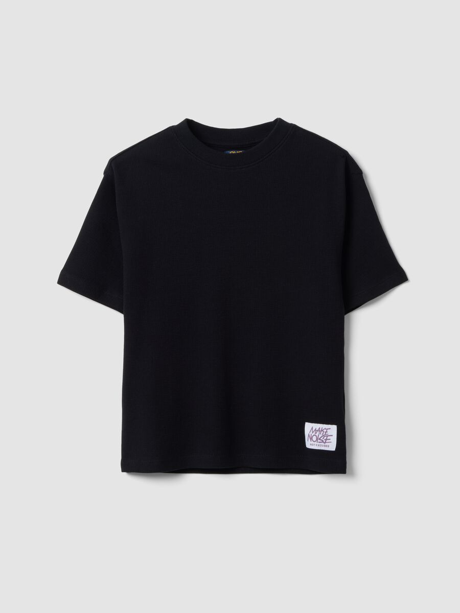 Oversized black pure organic cotton T-shirt with honeycomb texture for boys_0