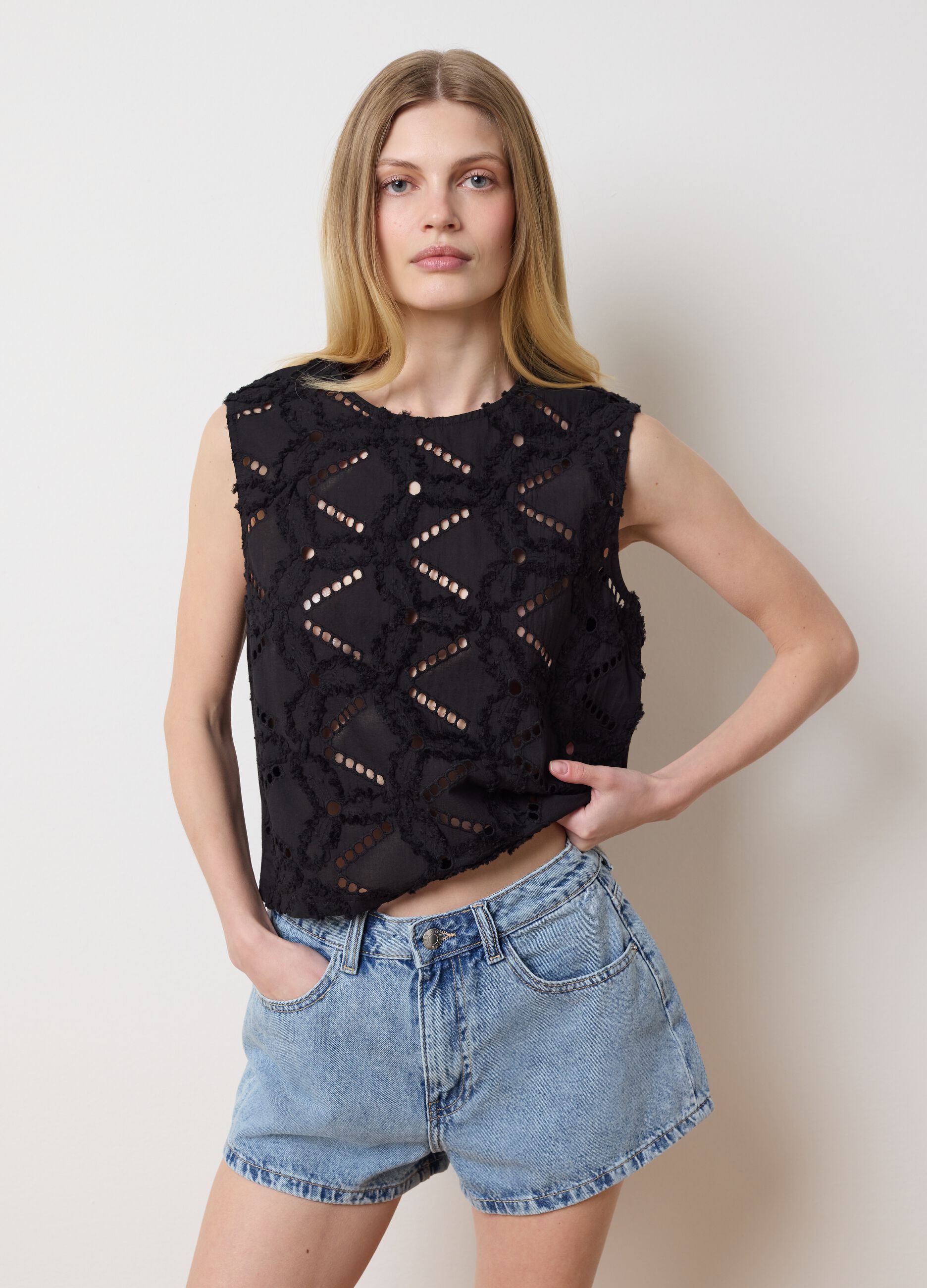 Canottiera da donna in puro cotone nero regular fit