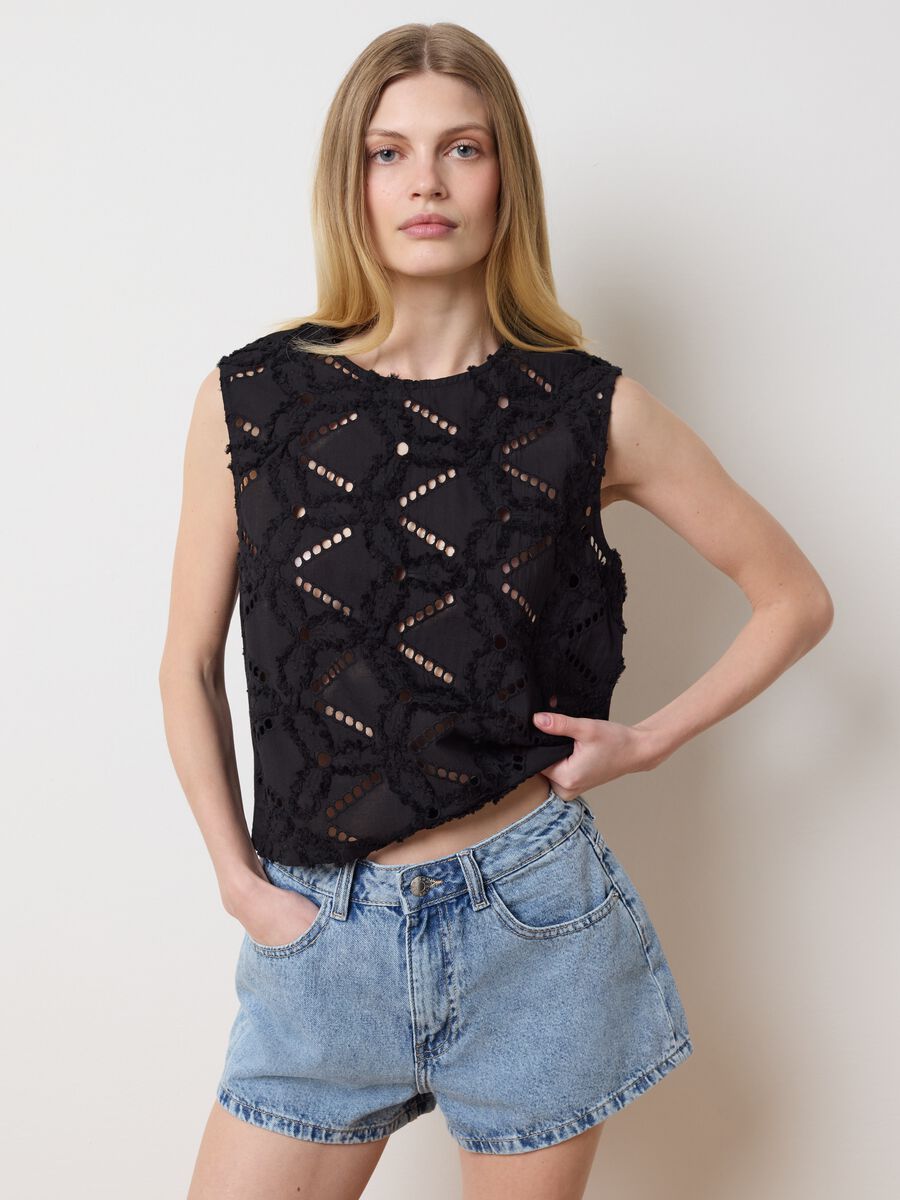 Black Broderie Anglaise Cotton Tank Top_1